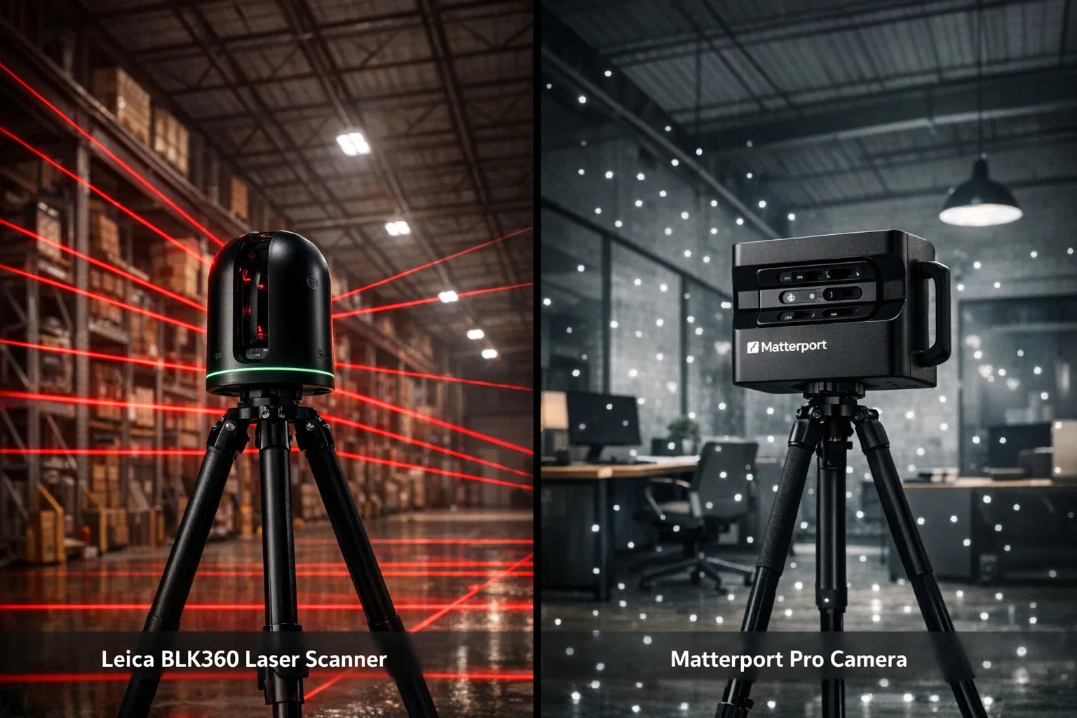 Leica BLK360 Laserscanner neben Matterport Pro 3 im Vergleich