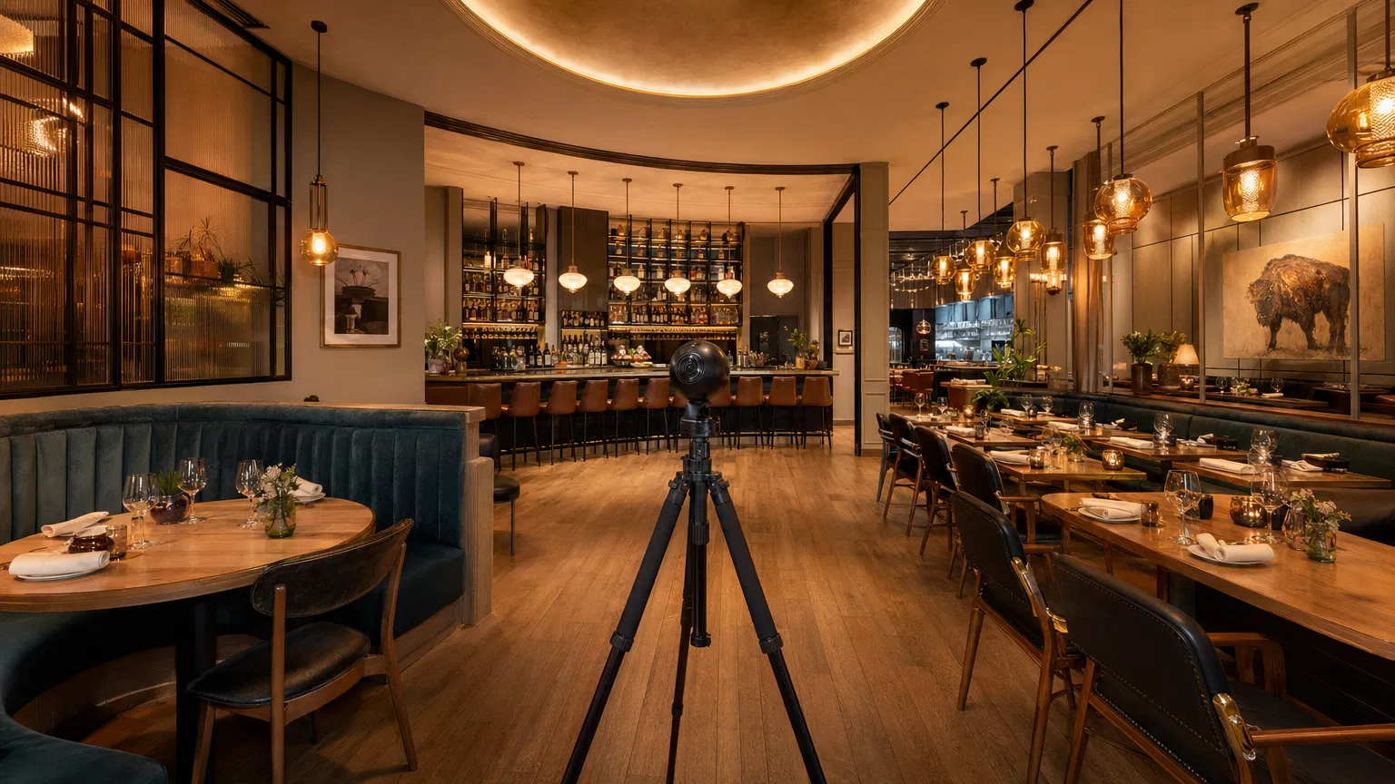 360°-Kamera auf Stativ in einem eleganten Restaurant