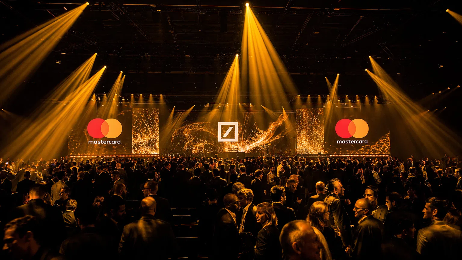 Event crowd with sponsor screens