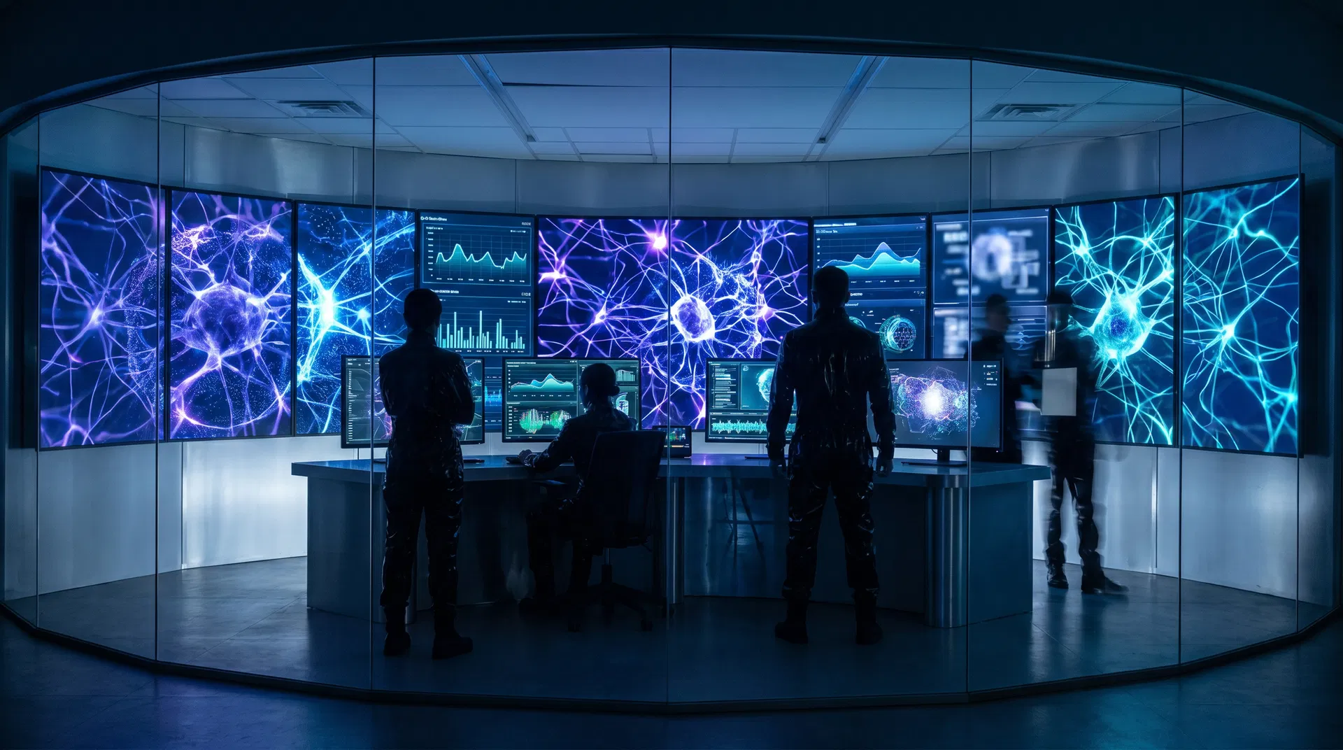 AI-powered digital signage control room with neural network visualizations on multiple screens