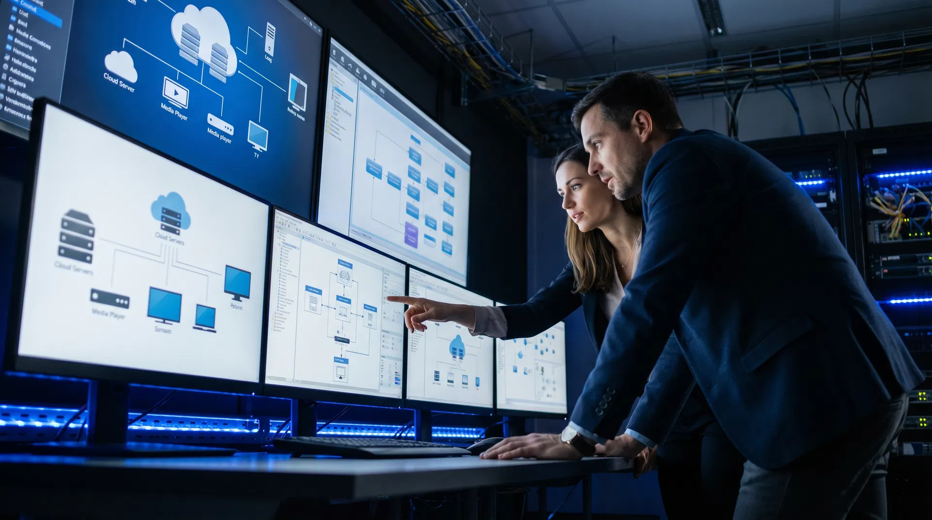 Two AV professionals reviewing digital signage system architecture on multiple screens