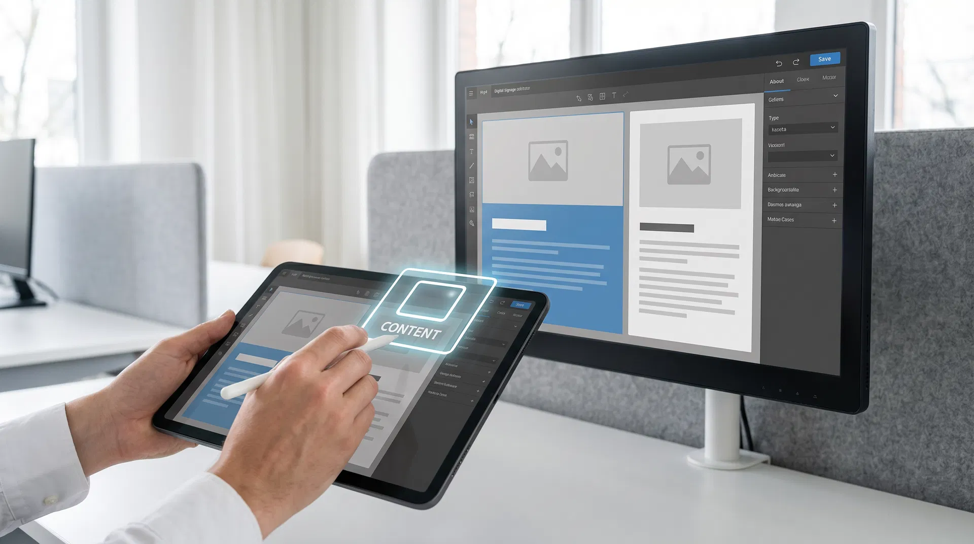 Designer using tablet to manage digital signage content on a touchscreen monitor