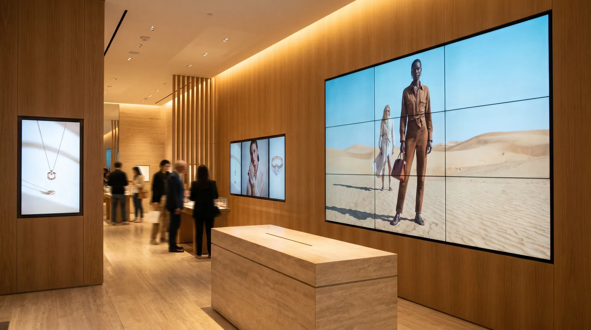 Modern retail store with multiple digital displays showing product promotions