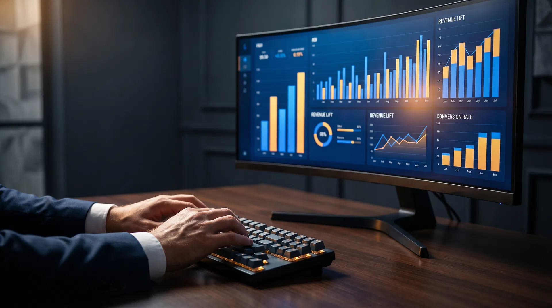 Digital signage ROI dashboard showing revenue metrics on a curved monitor