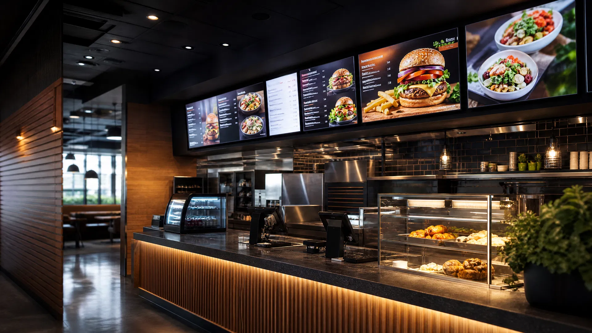 Modern QSR restaurant counter with commercial digital menu board displays showing food items — digital signage provider evaluation