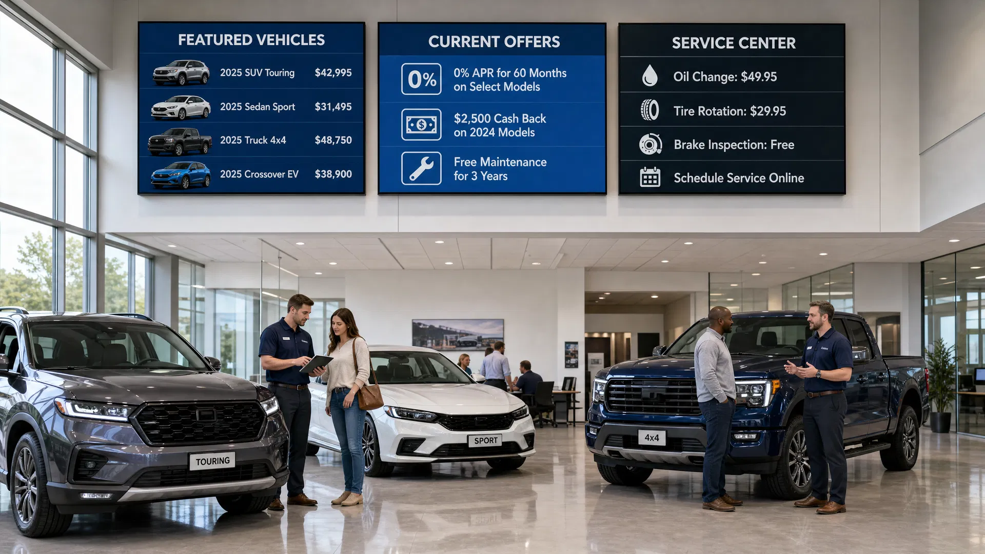 Digital signage displays in an auto dealership showroom and service drive