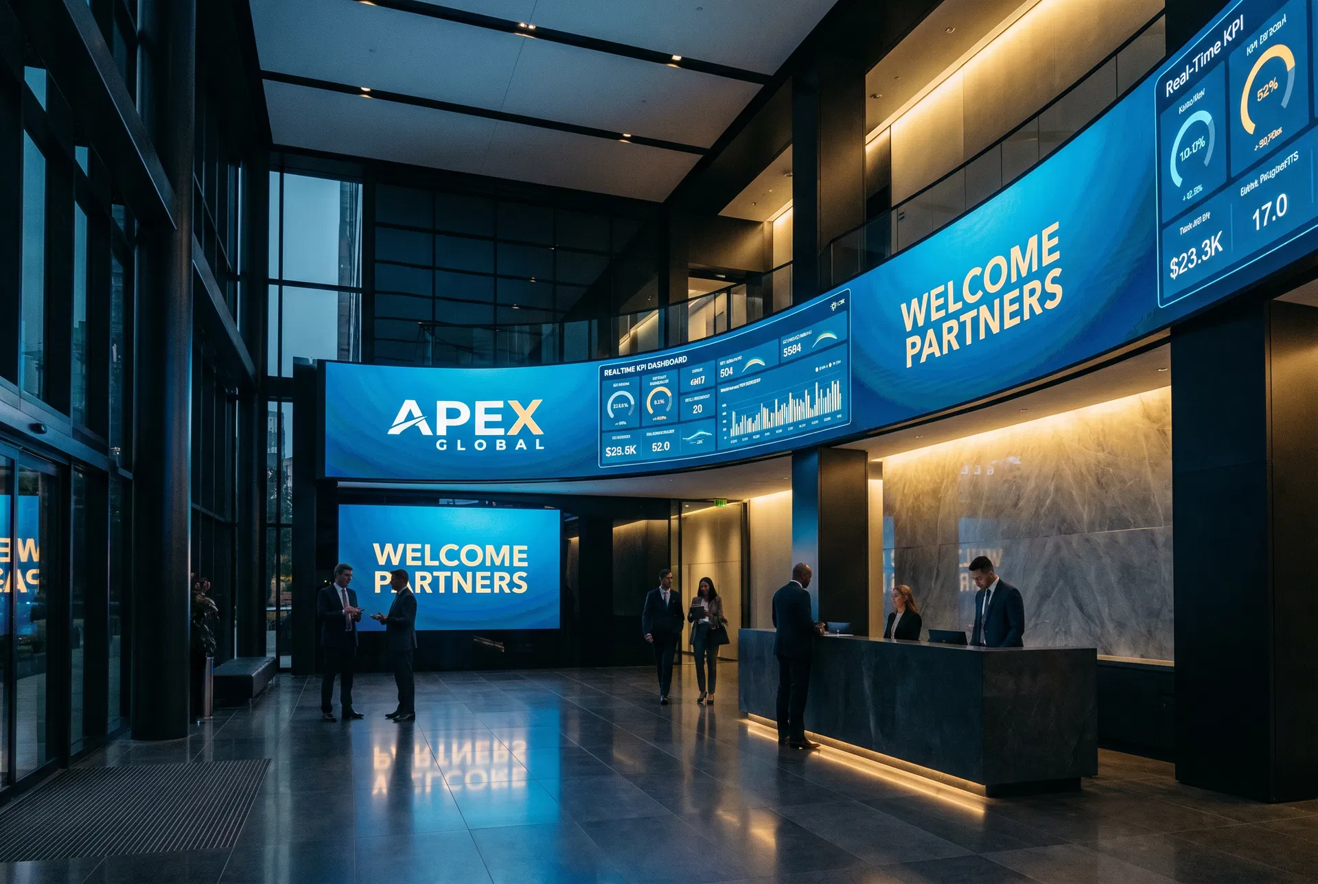 Corporate lobby digital signage and KPI dashboard displays