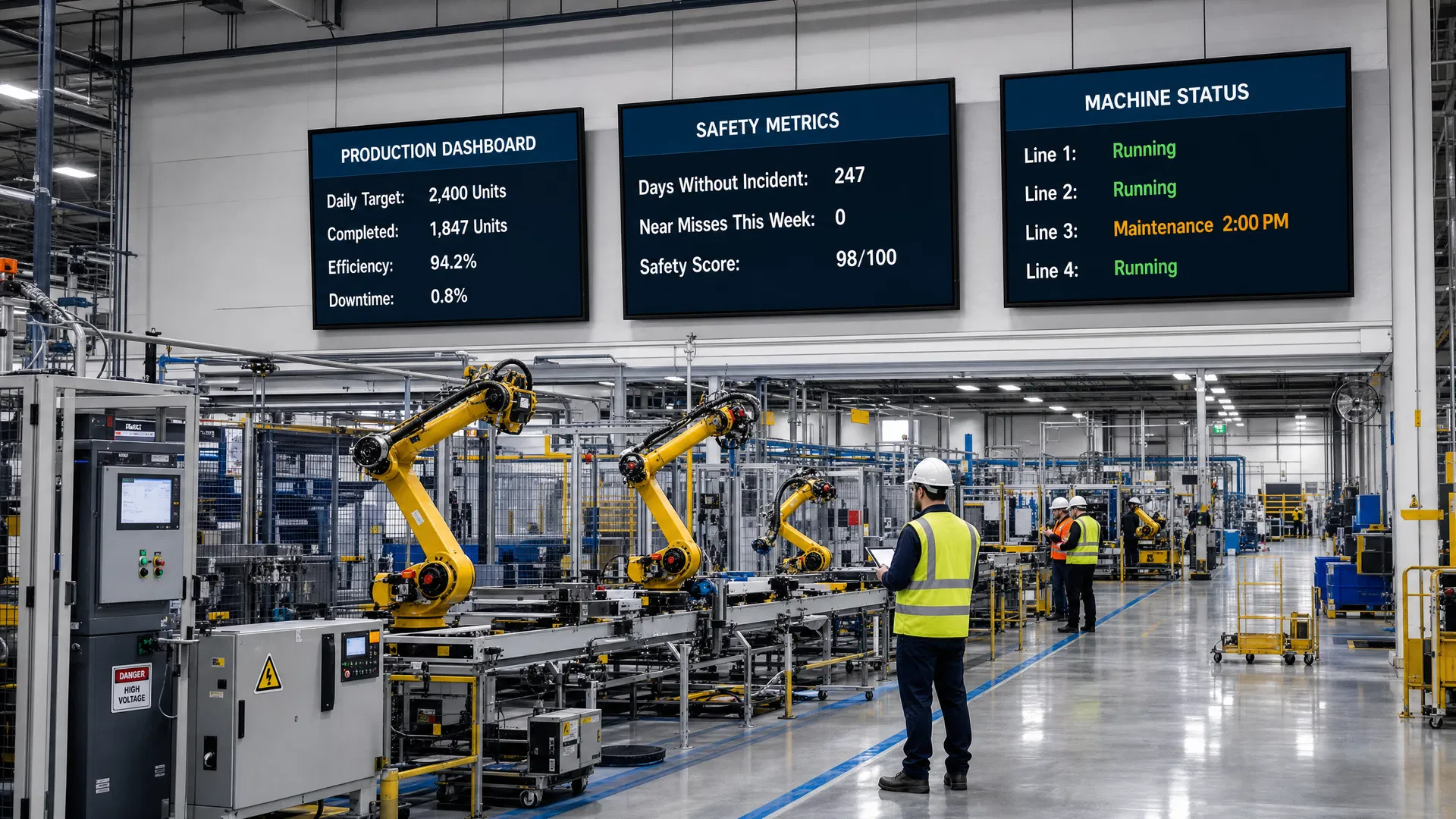 Manufacturing plant floor with digital signage displaying OEE dashboards and safety metrics