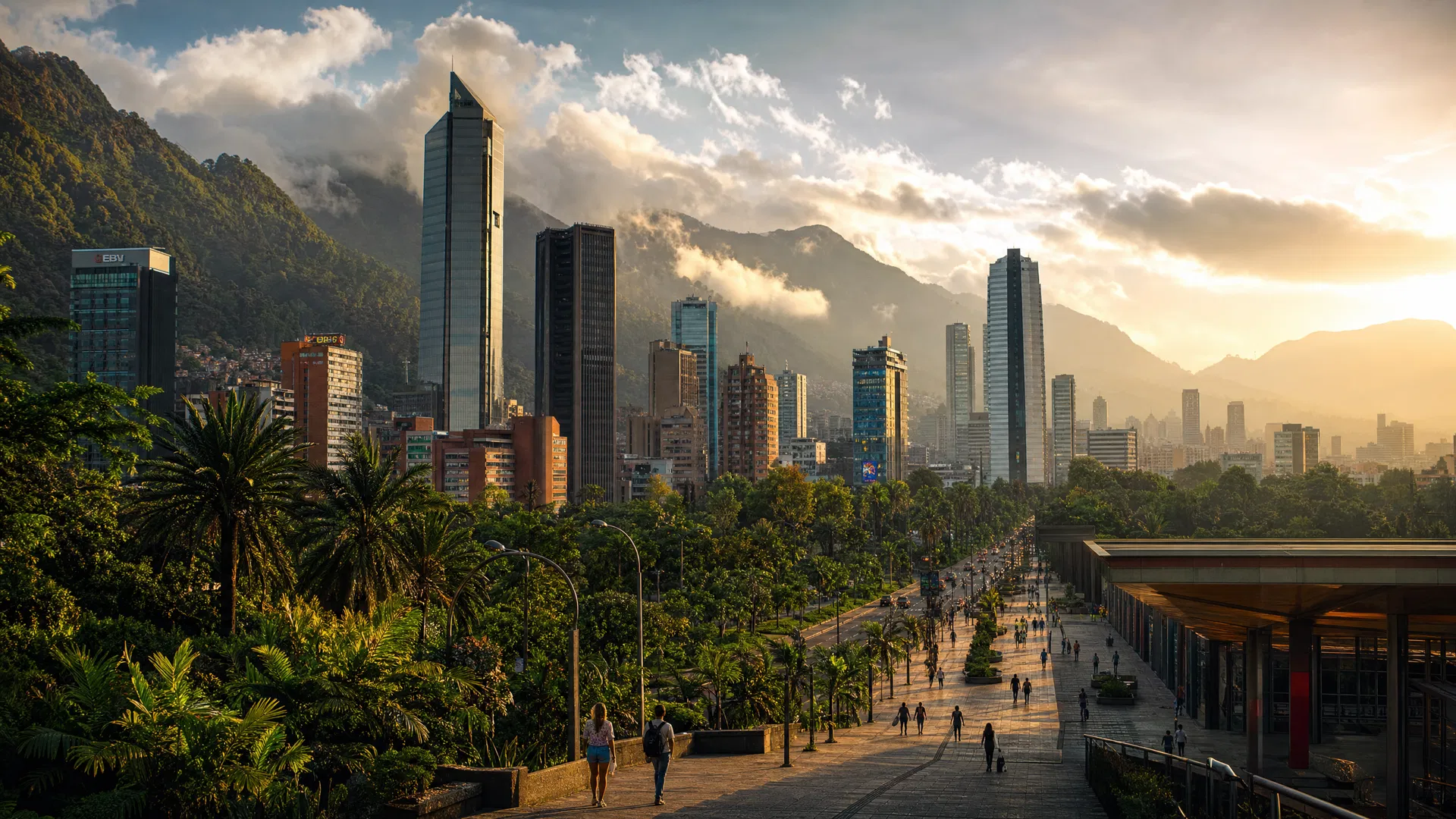 Modern South American city skyline with jungle and mountains