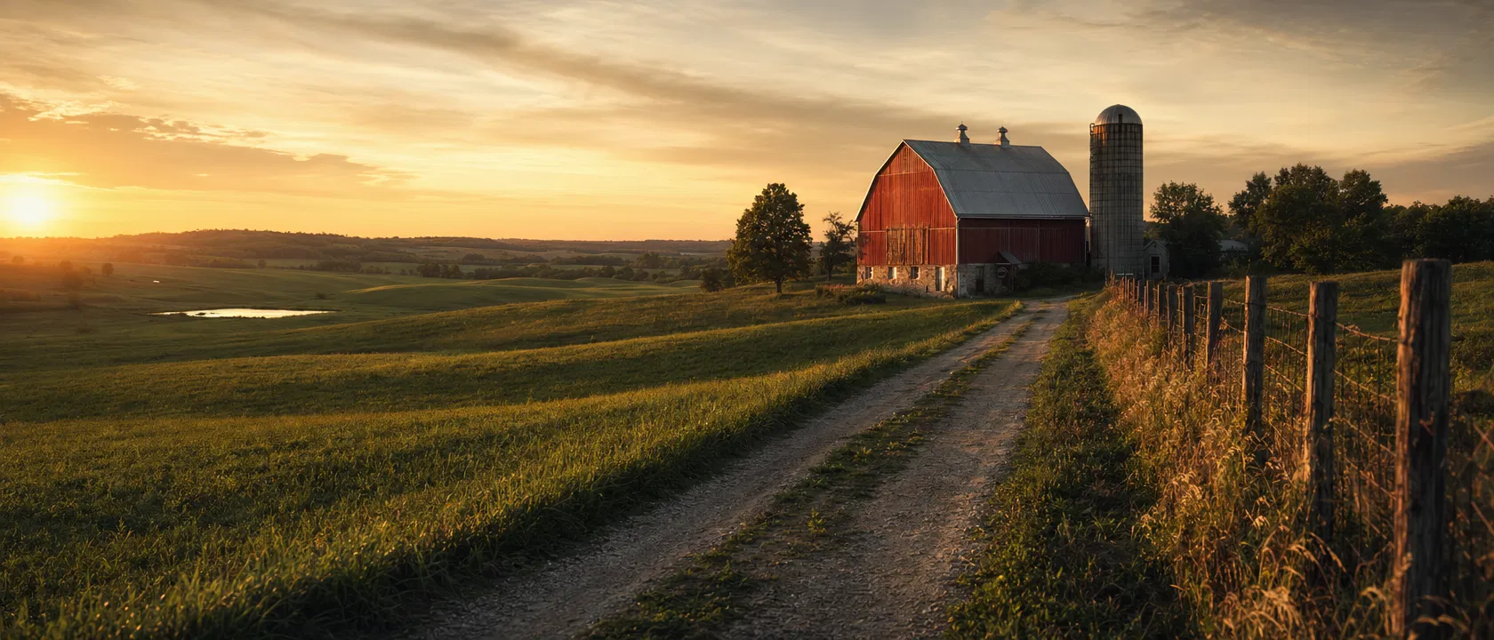 Golden hour over a Midwest farm — the landscape that inspired Iron & Acre