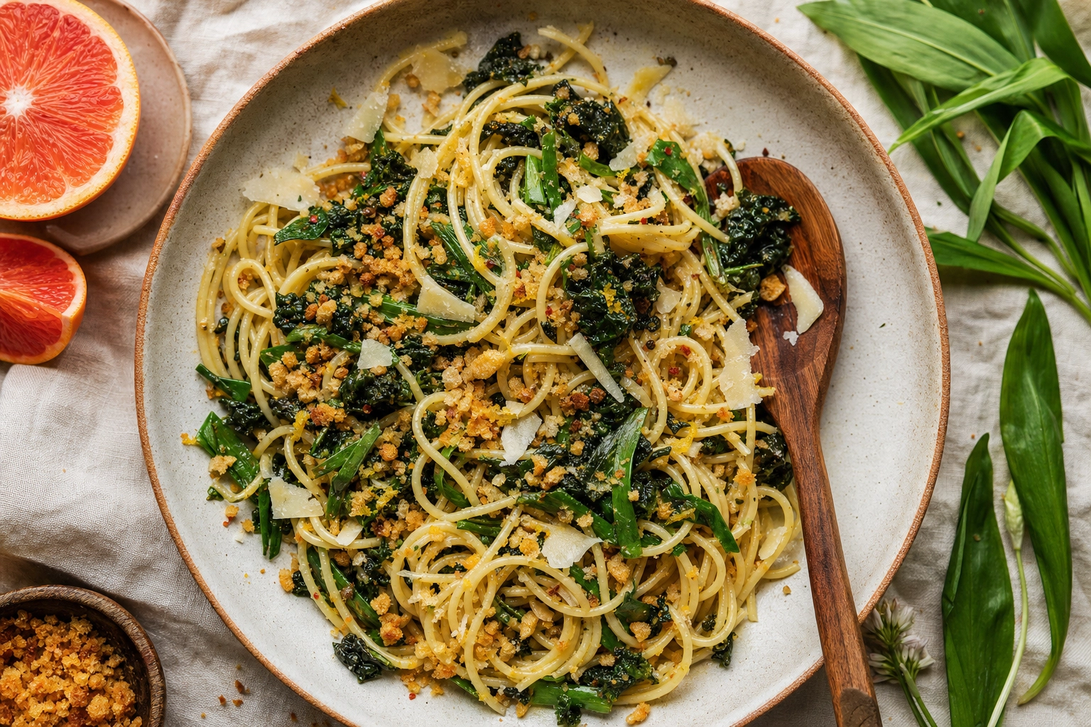 Wild garlic and curly kale pasta with toasted breadcrumbs