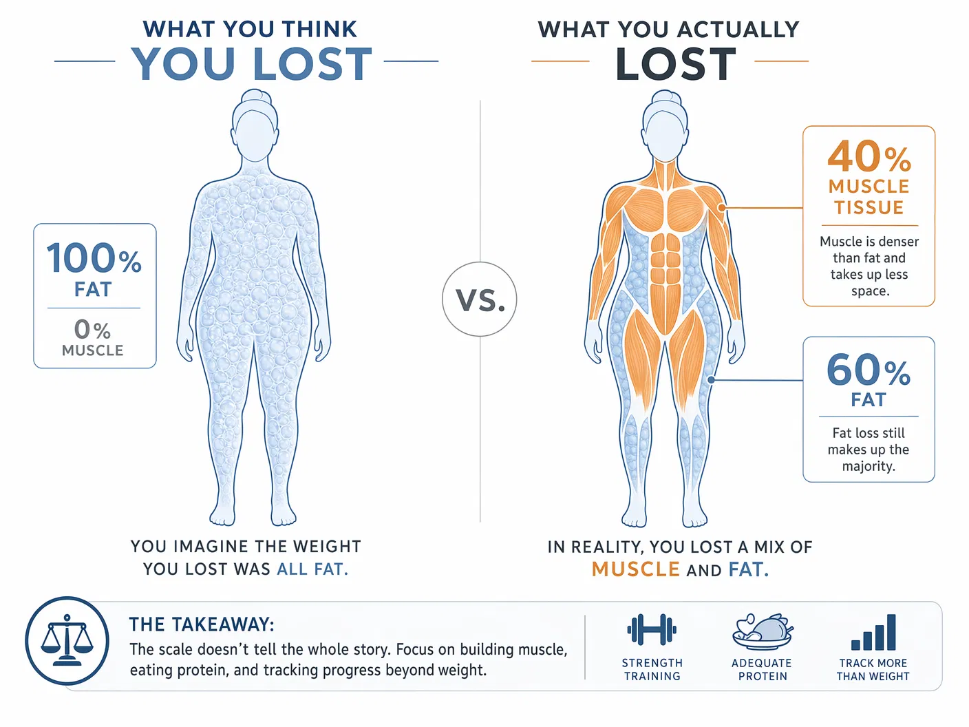 Infographic showing that up to 40% of weight lost on GLP-1 medications is muscle, not fat