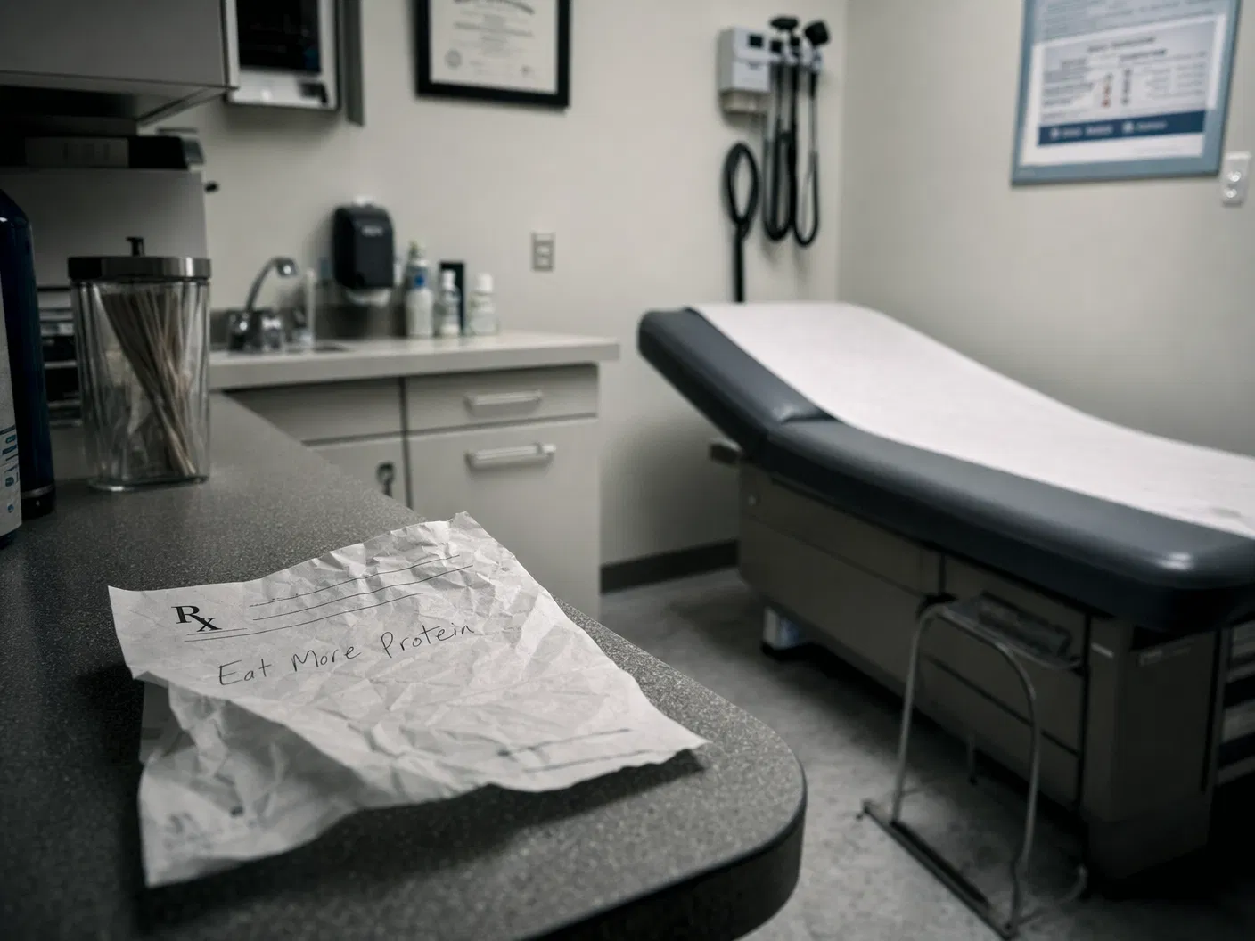 Empty doctor's office with a crumpled prescription note reading 'Eat More Protein'