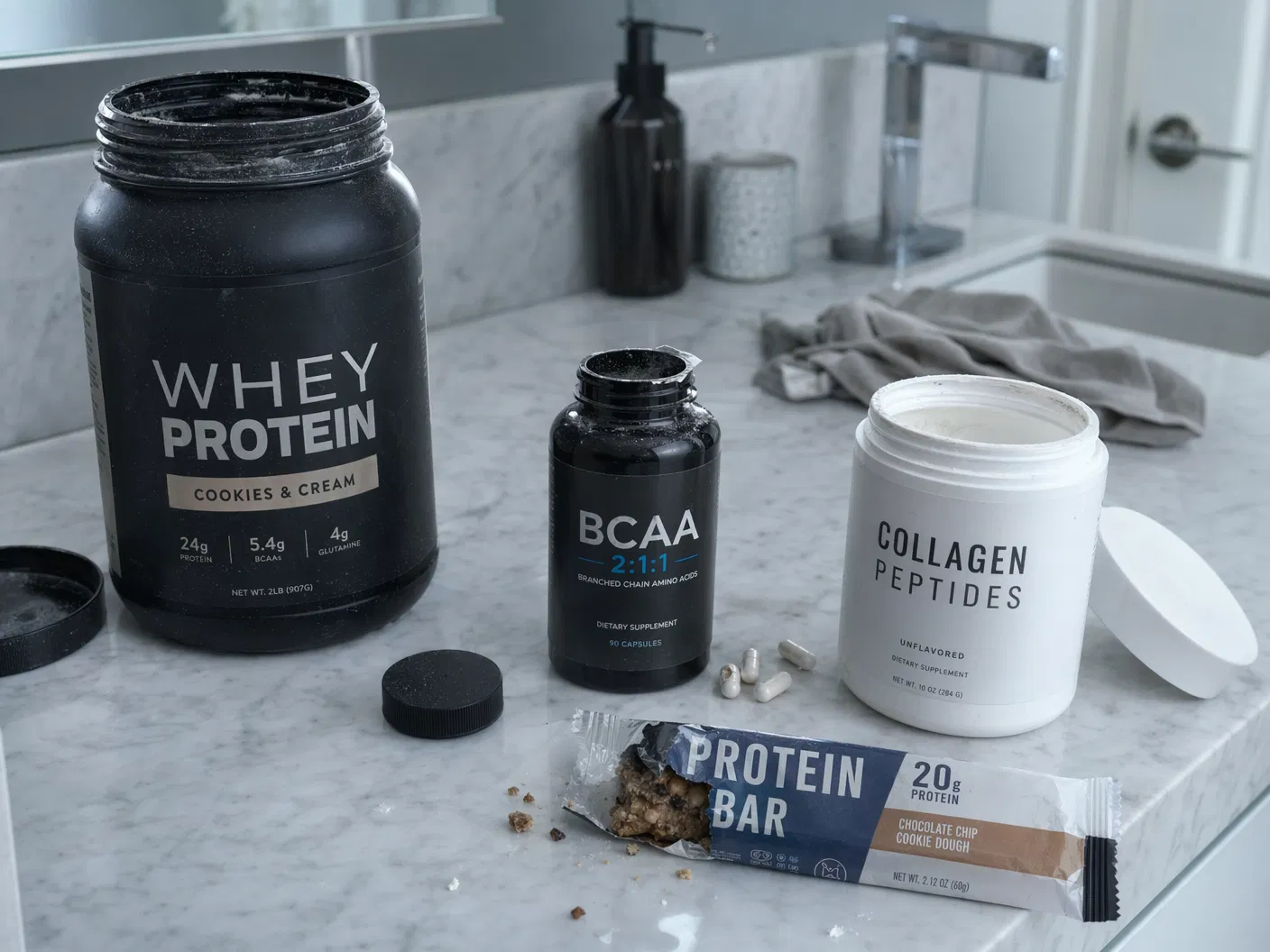 Bathroom counter with unused supplement products — protein powder, BCAAs, collagen, bars