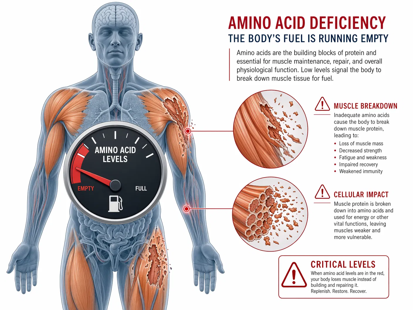 Medical infographic showing the amino acid fuel gauge in the red critical zone with muscle tissue breaking down