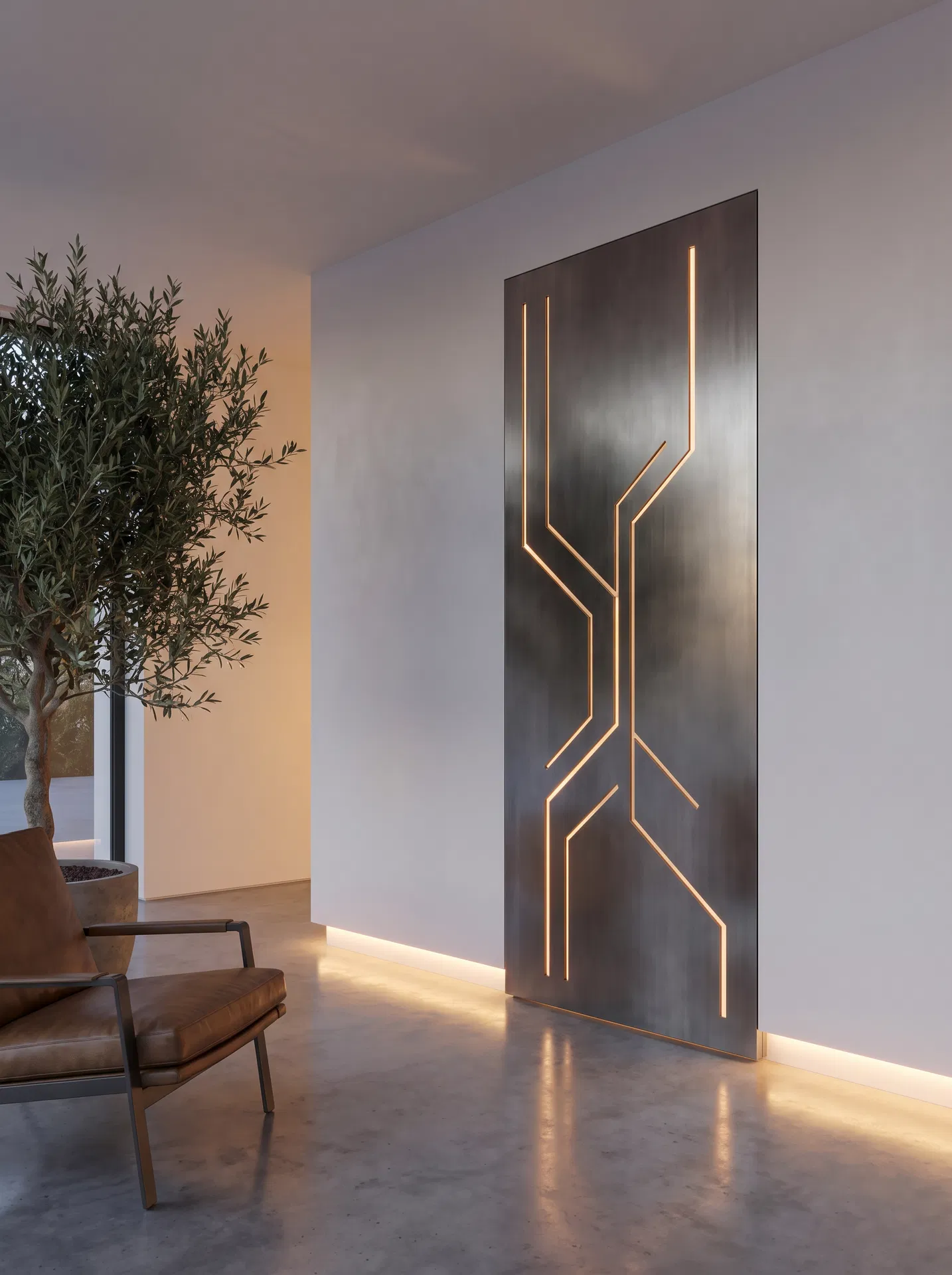 باب مخفي خارجي بنقوش هندسية وإضاءات LED