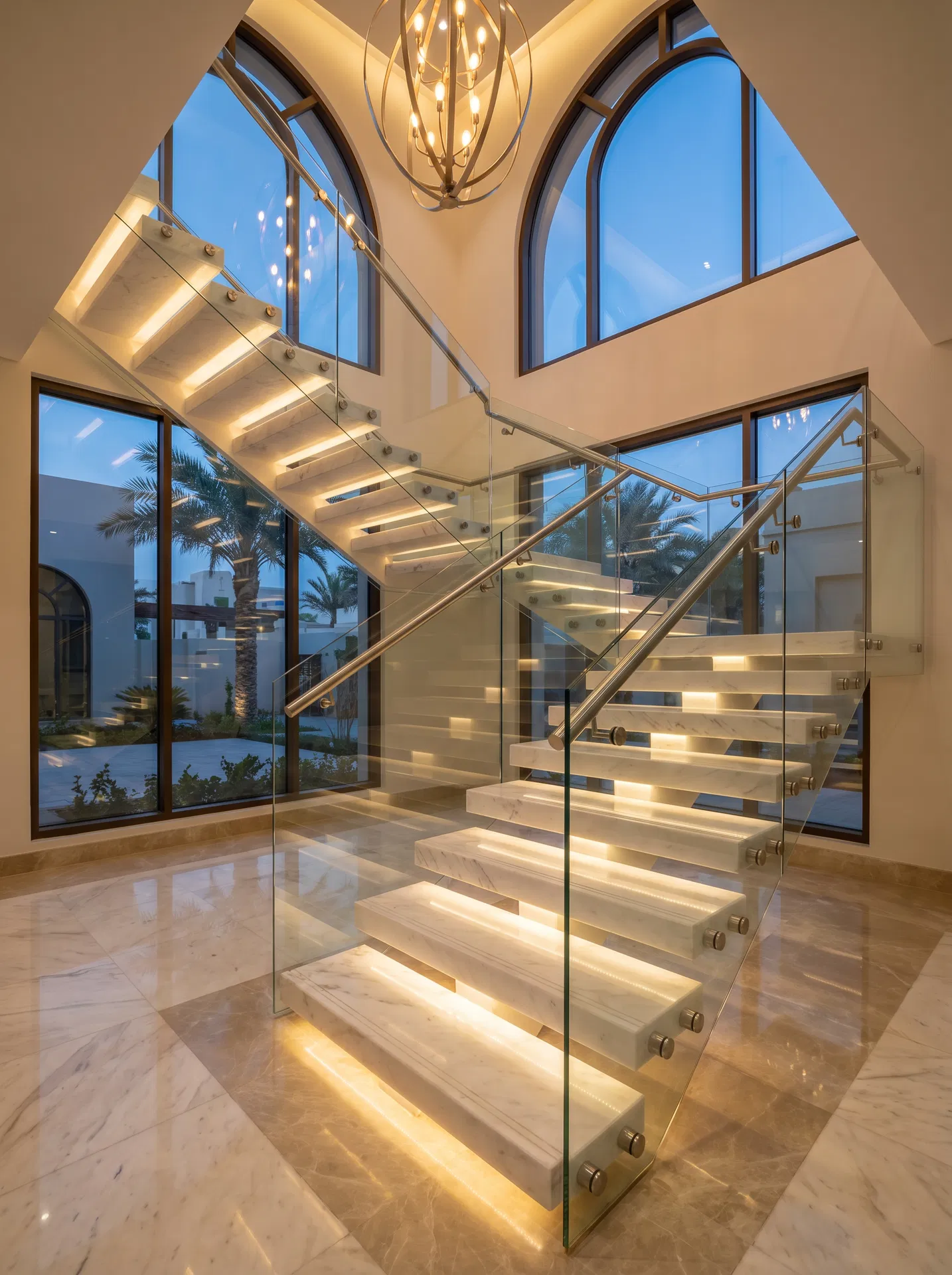 سلالم حديثة بالزجاج والستانلس ستيل