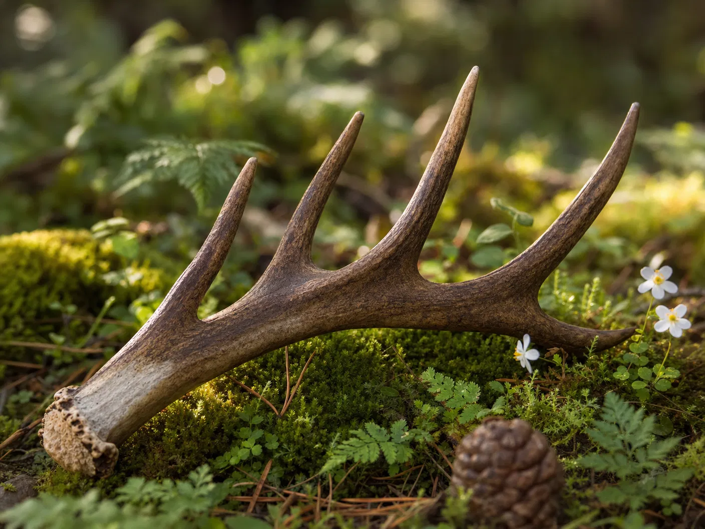 Natural elk antler on forest floor