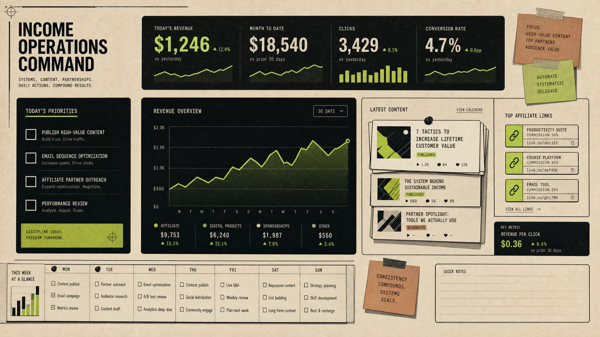 Income operations content command board