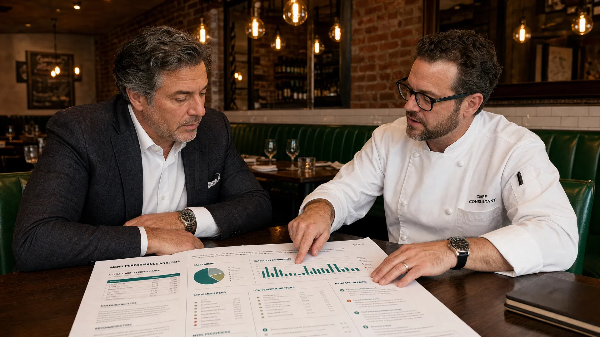 Chef consultant reviewing menu analysis with restaurant owner