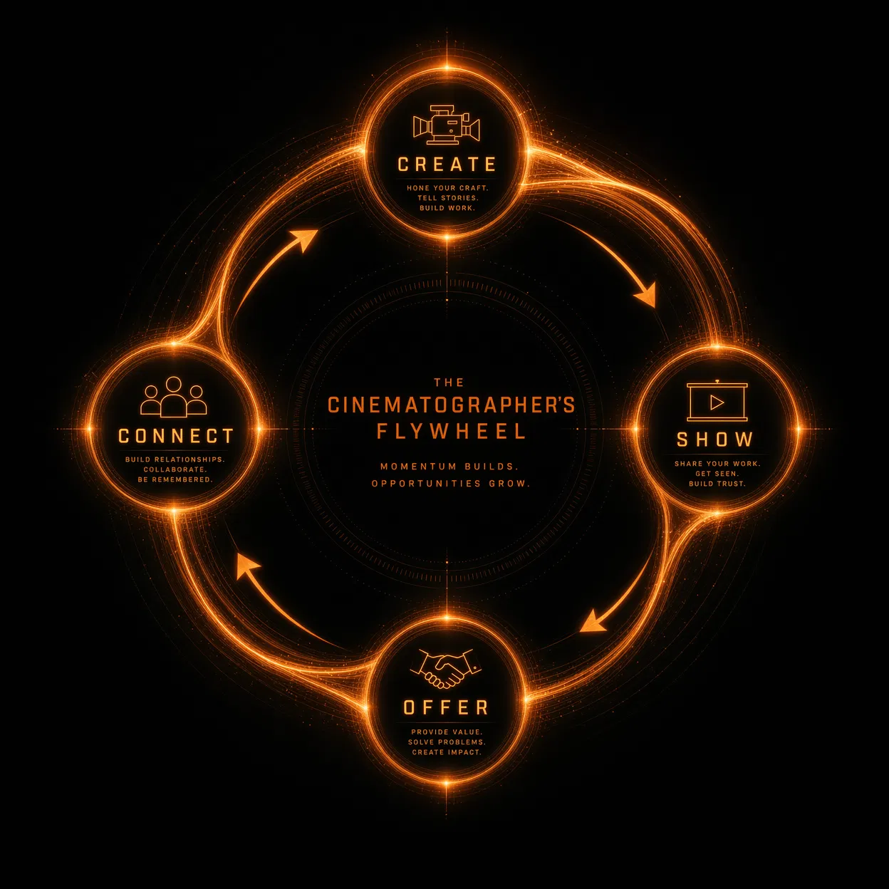 The Cinematographers Flywheel — Create, Show, Connect, Offer