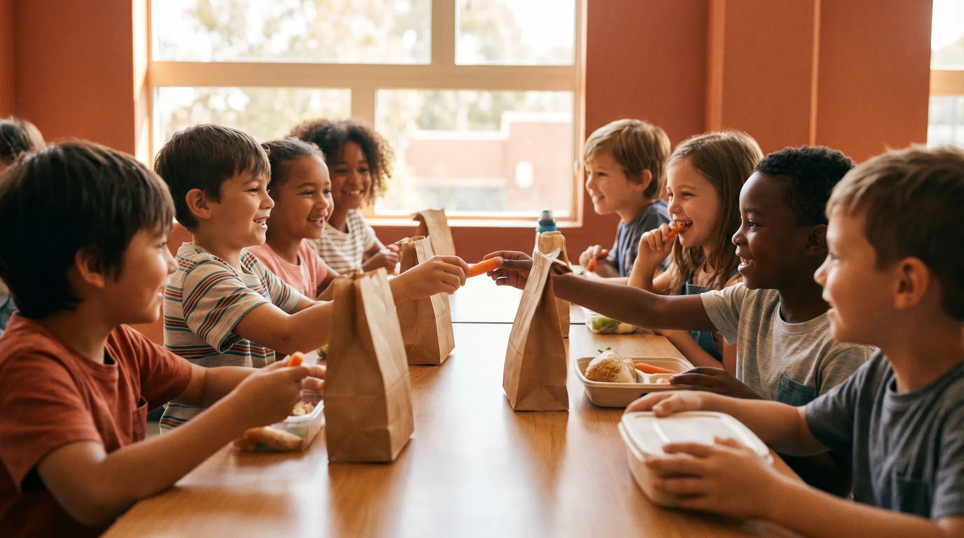 Children sharing food bags at school