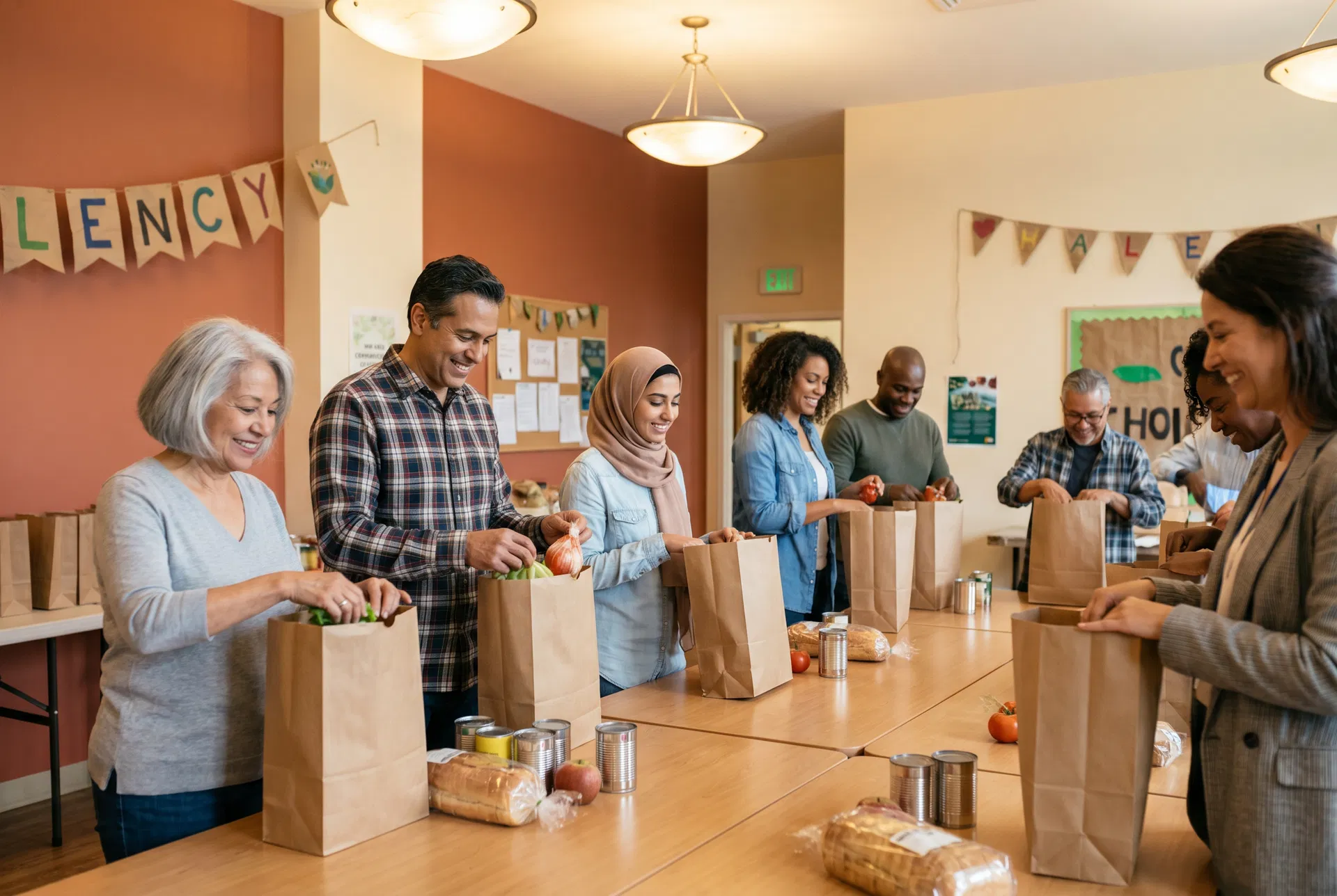 Volunteers packing food bags