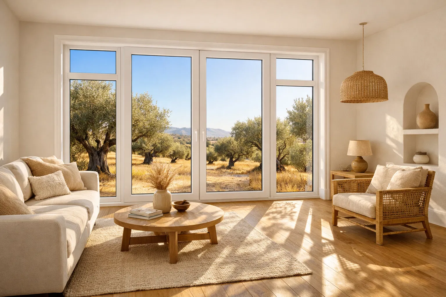 Salón mediterráneo con ventanas de PVC de alta calidad