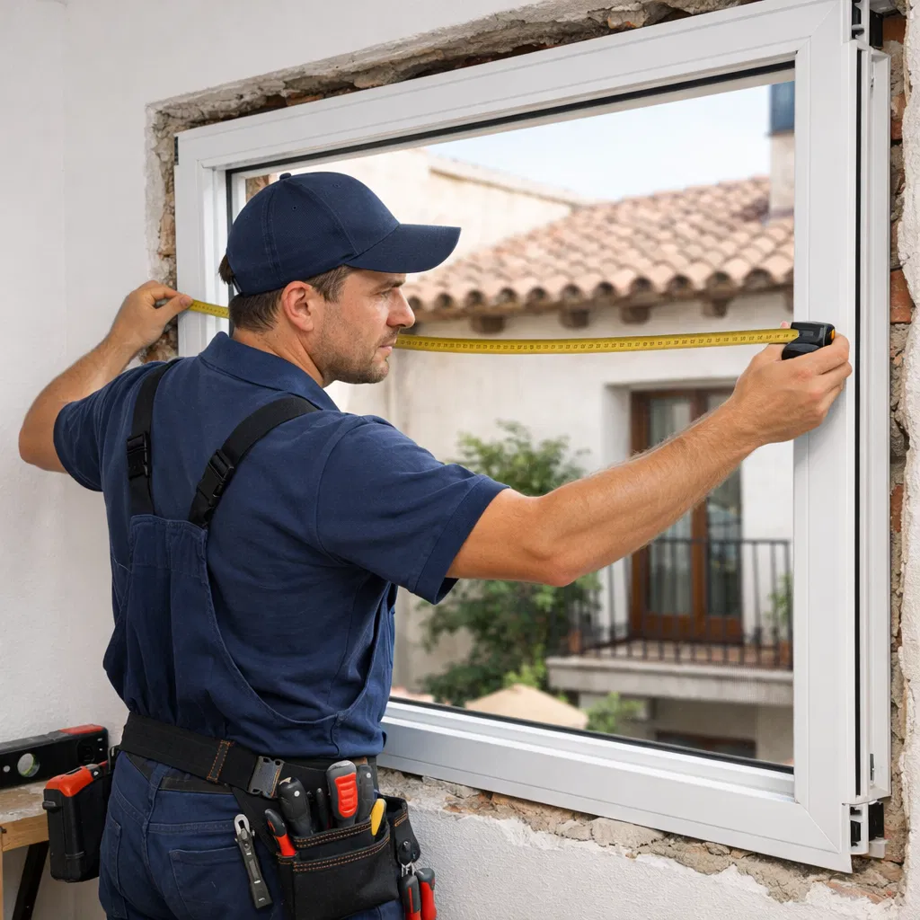 Instalador profesional de ventanas PVC midiendo en hogar español