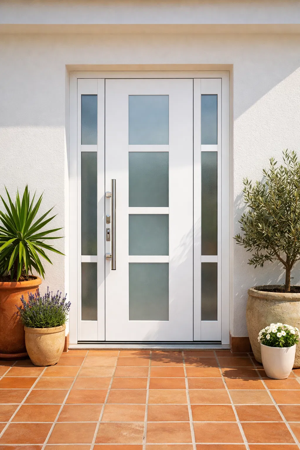 Puerta de entrada de PVC blanca en hogar español