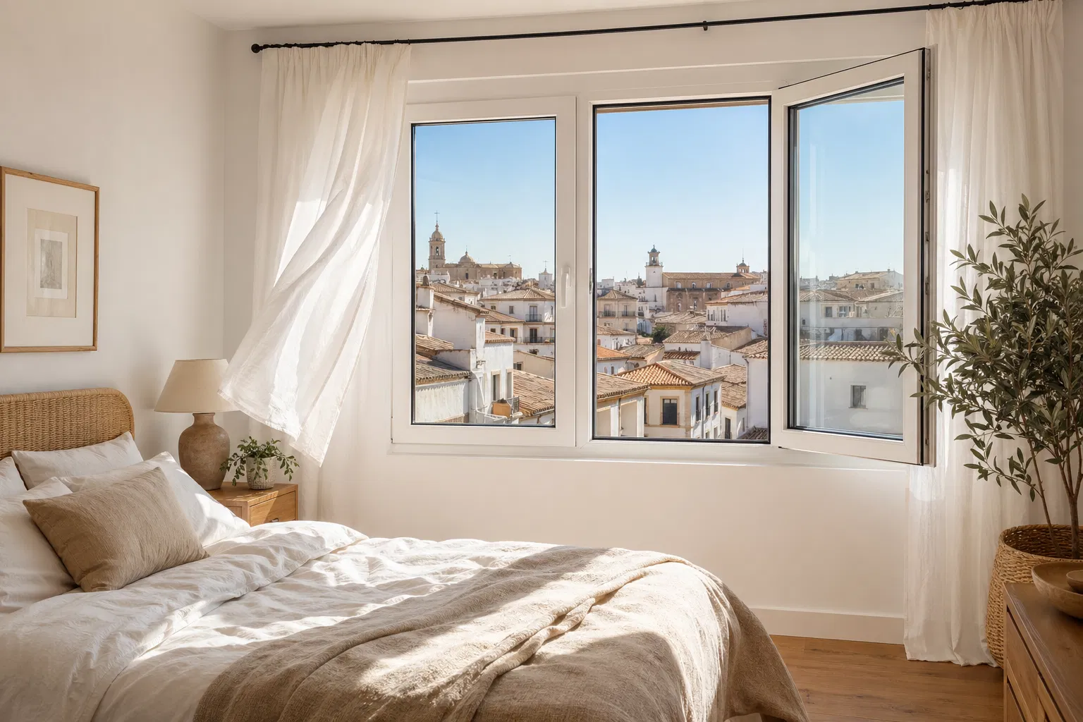 Dormitorio con ventana PVC de calidad con vistas a ciudad española