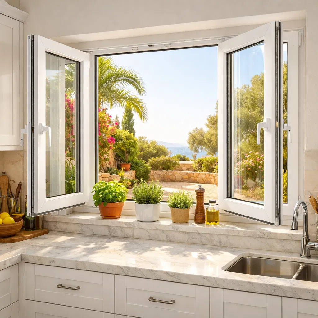 Ventanas de PVC a medida instaladas en cocina mediterránea