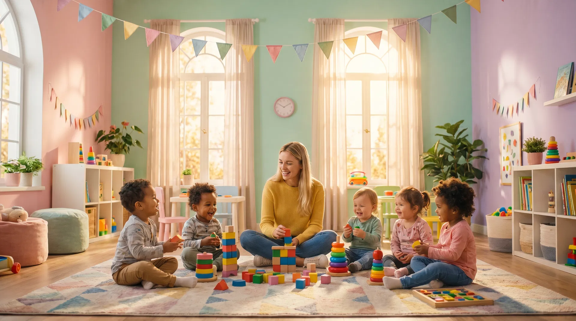 International teachers and children in a colorful classroom