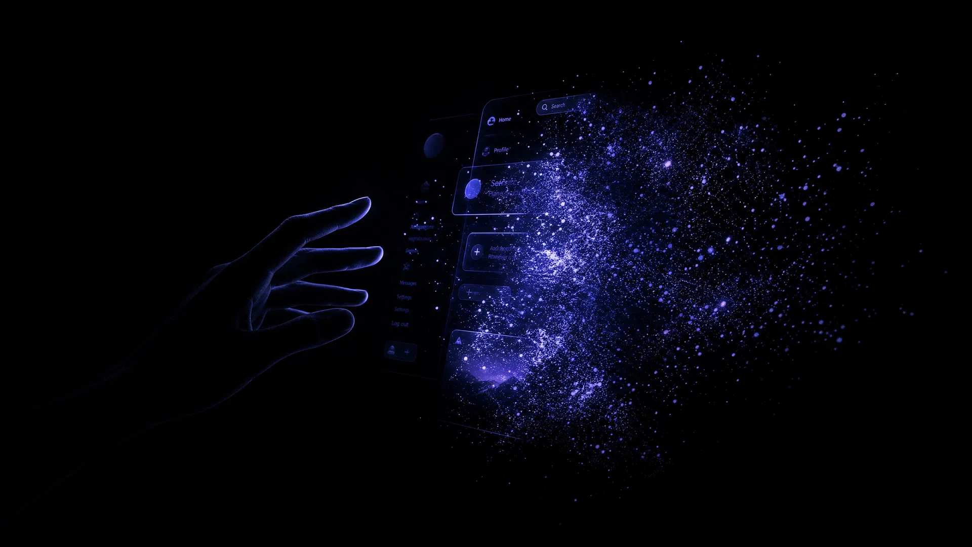 Conceito de Interface Invisível — mão tocando interface que se dissolve em partículas