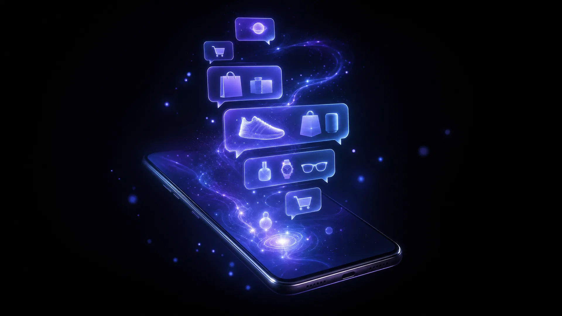 Conceito de compras via IA — smartphone com chat bubbles de produtos