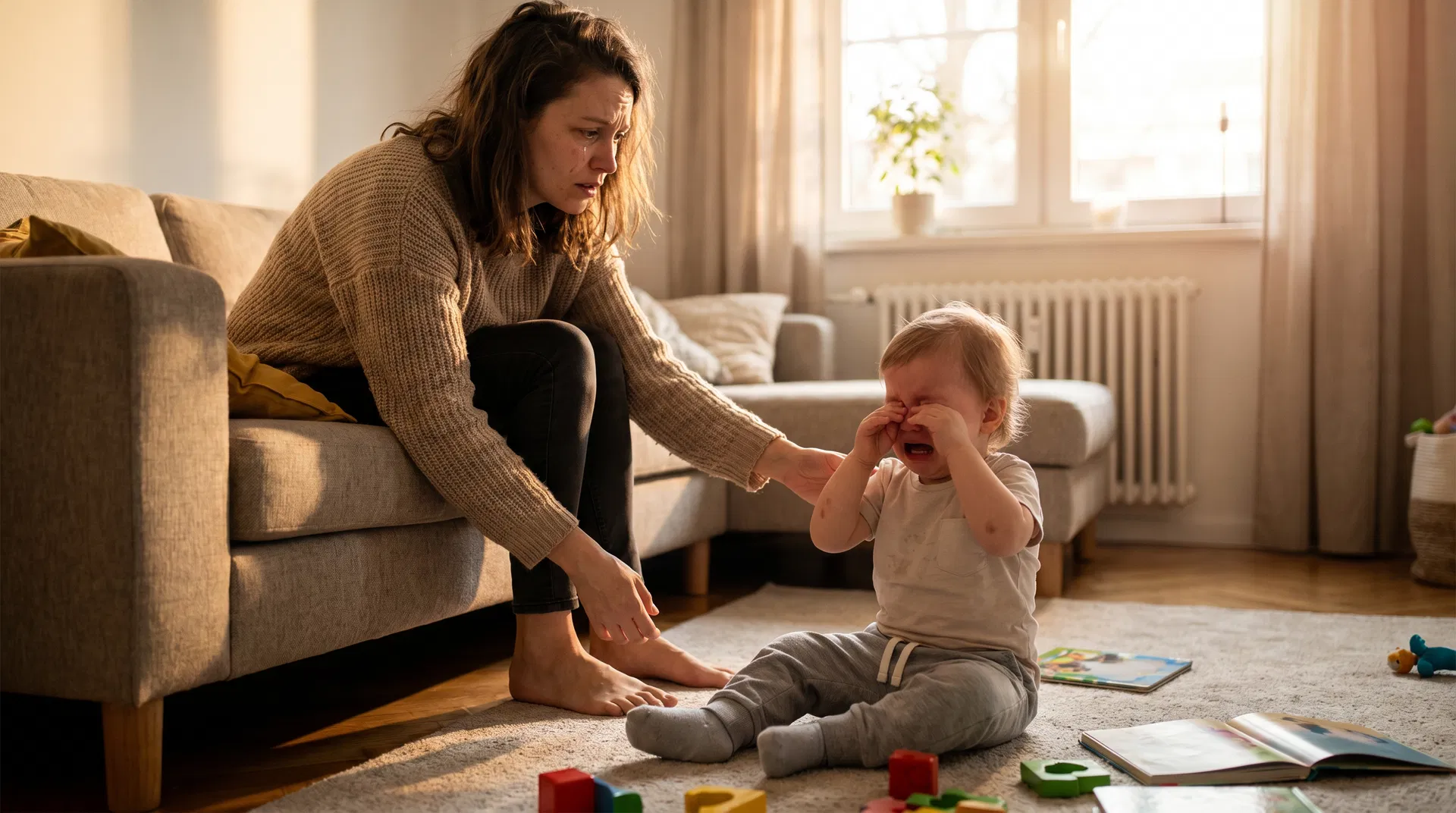 Frustrated parent with upset child