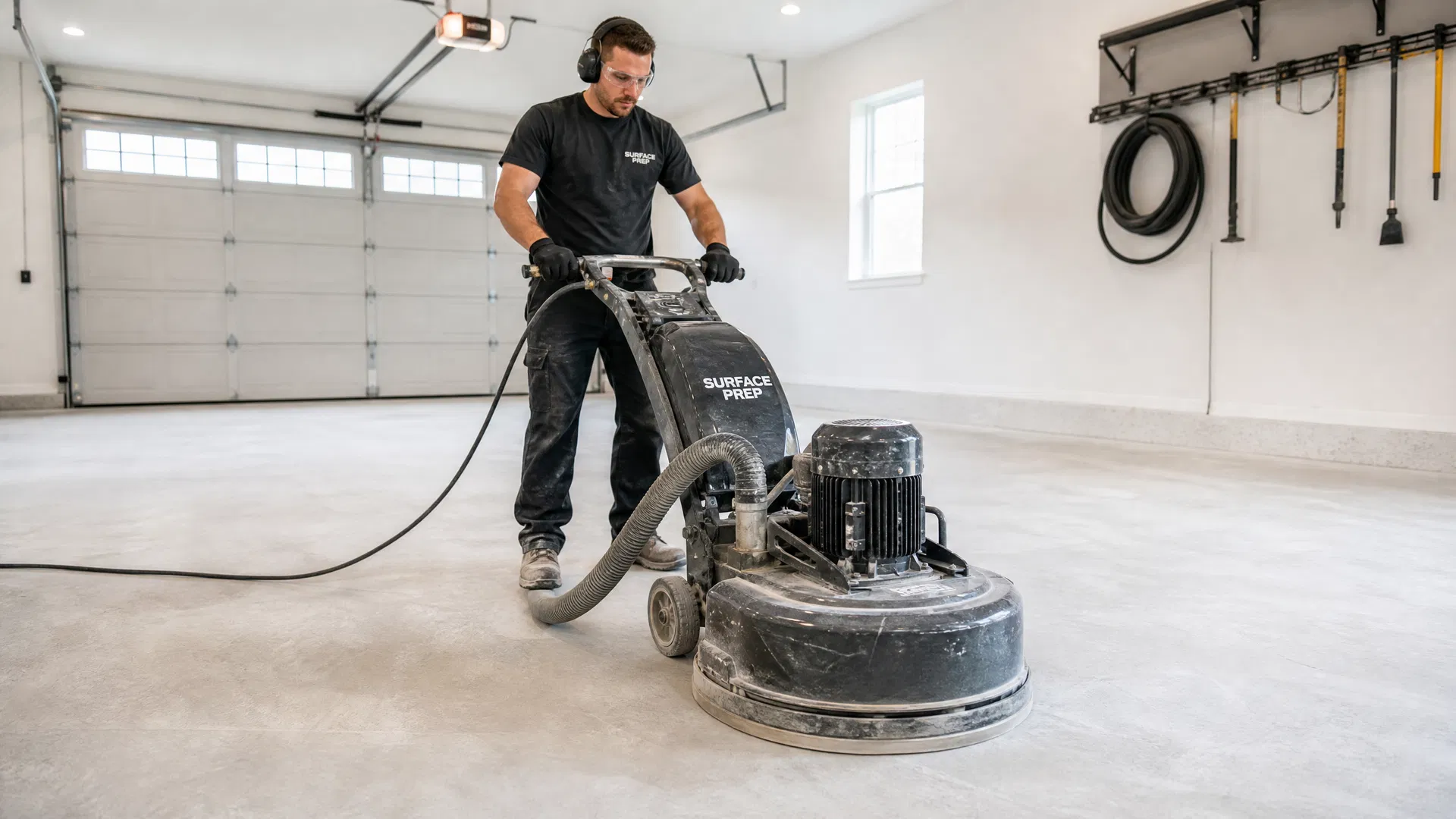 Professional contractor diamond grinding a garage floor before coating installation