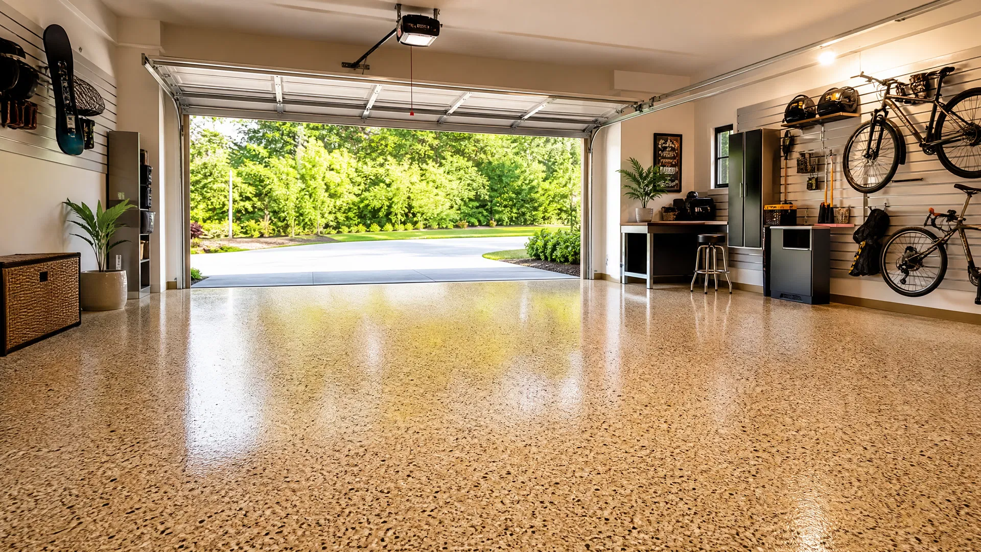 Warm, inviting residential garage with a professionally installed decorative flake floor coating