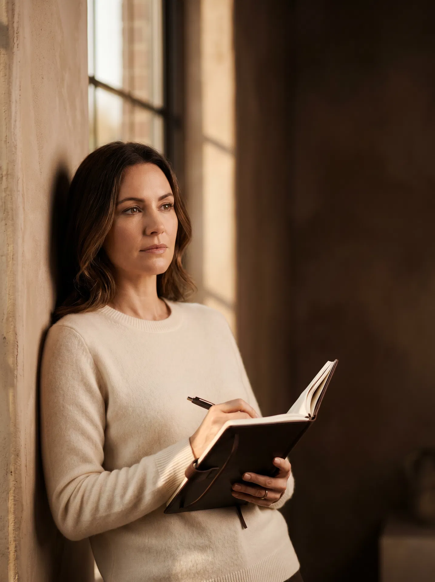 A poised brand portrait — editorial light, warm neutrals, leather notebook in hand.