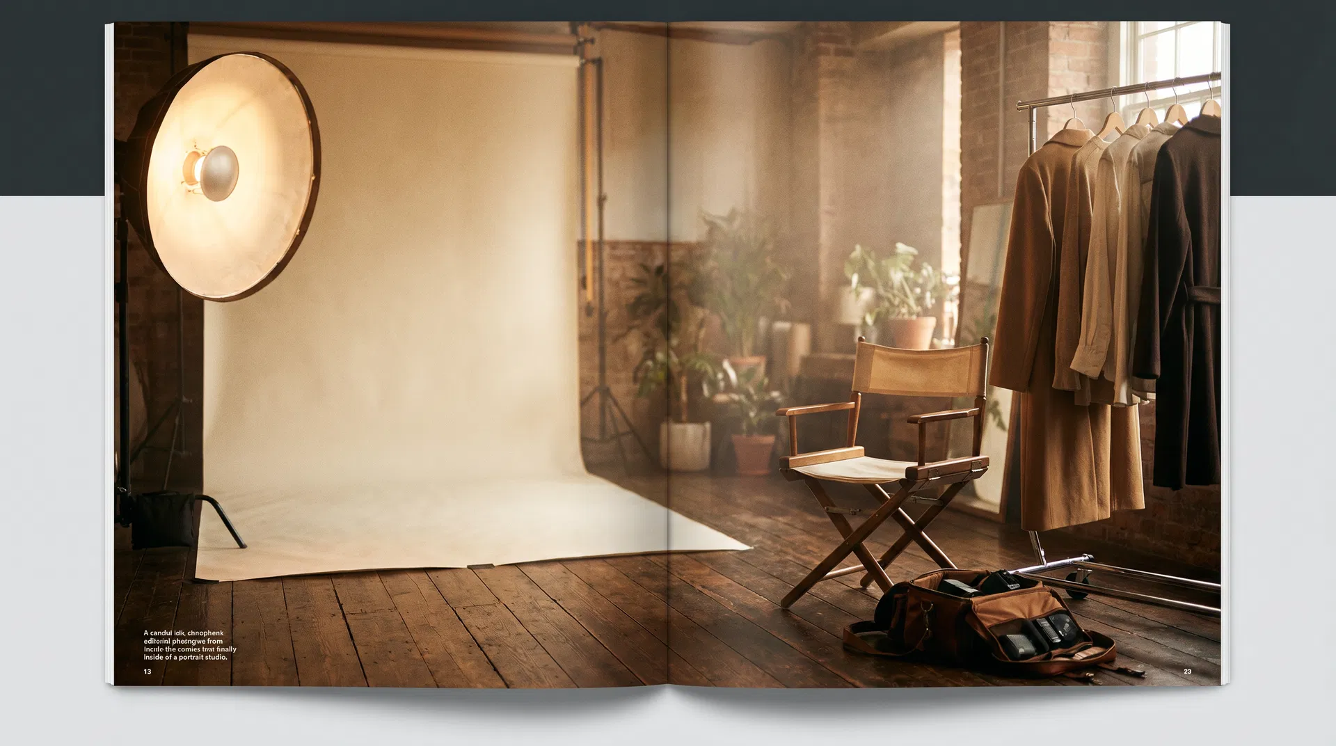 Inside Kaufmann's photography studio — beauty dish, cream backdrop, walnut floor, wardrobe rack.