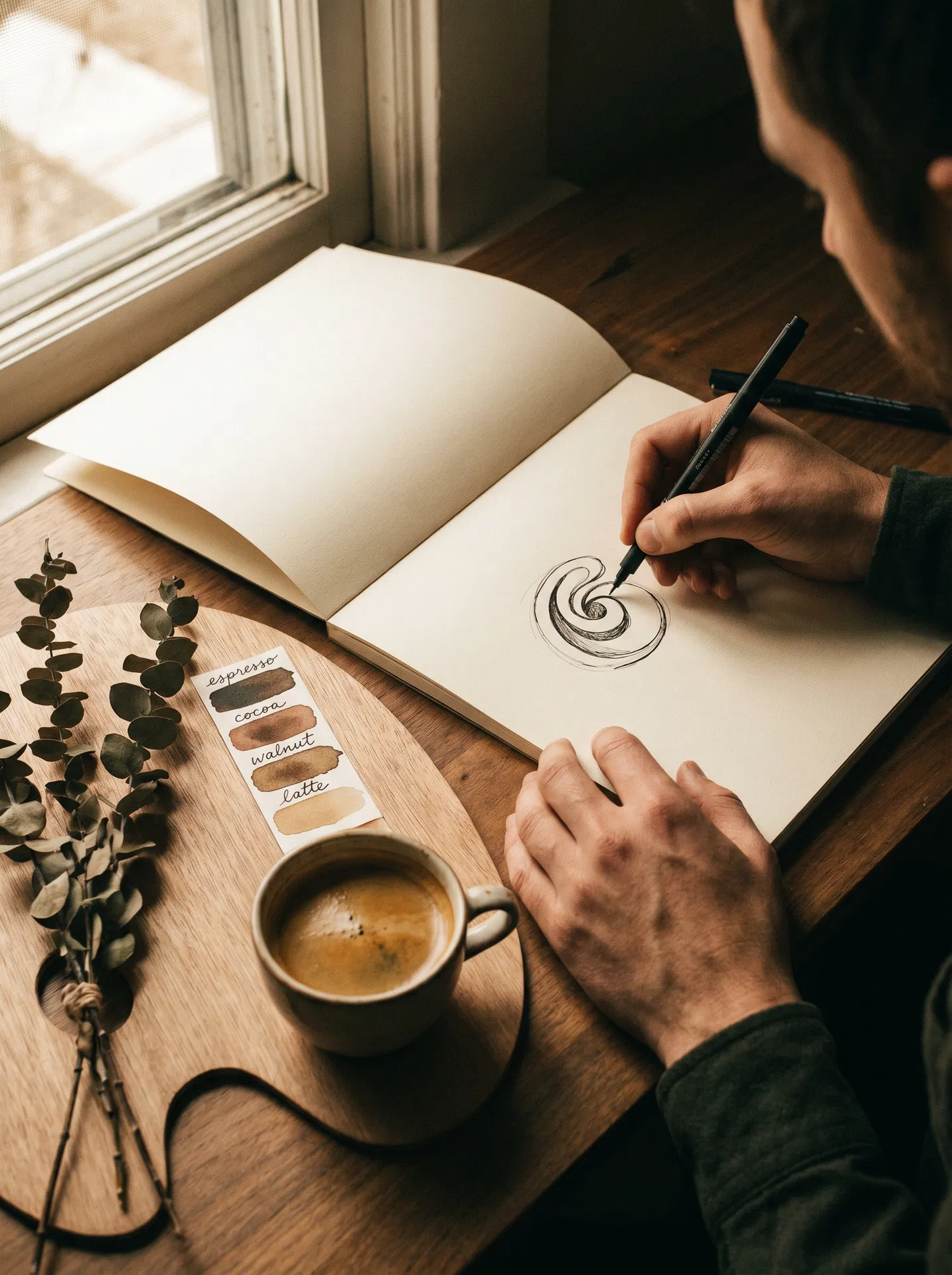 Hands sketching a brand mark in a cream sketchbook beside watercolor swatches and a cup of coffee.