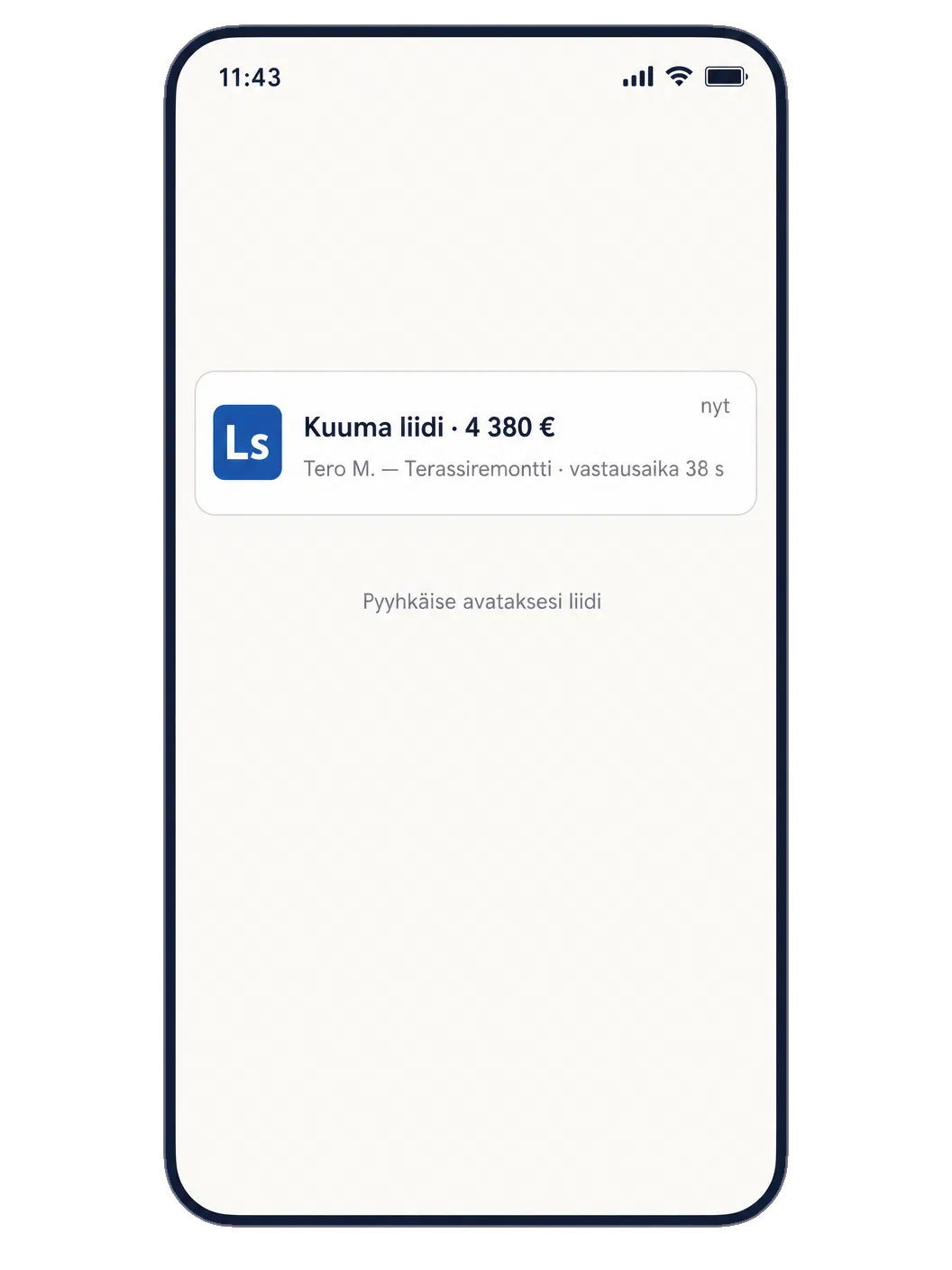 Push-ilmoitus puhelimessa: Kuuma liidi · 4 380 €