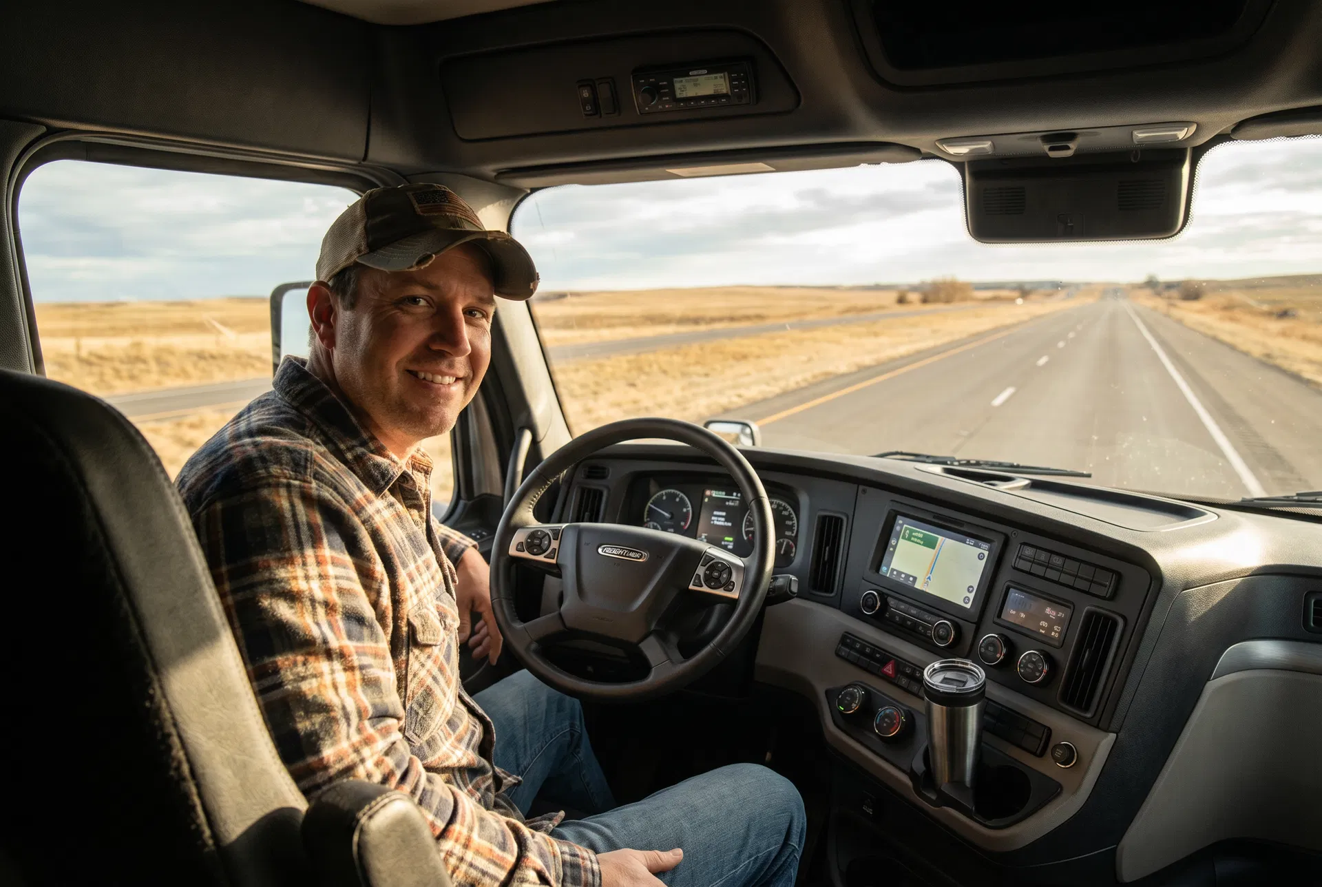 Friendly truck driver sitting in modern cab interior