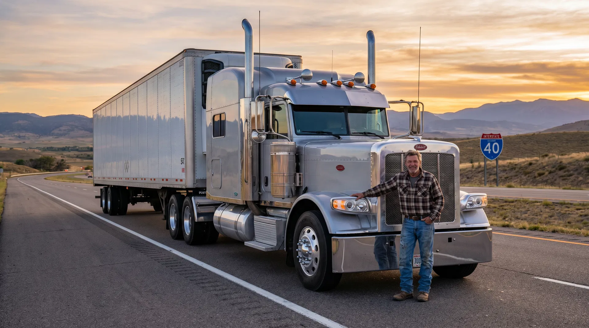 Professional truck driver standing next to American tractor trailer on highway at sunset