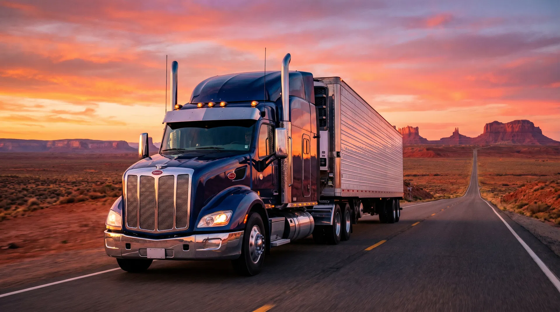 American semi truck driving through desert highway at sunset