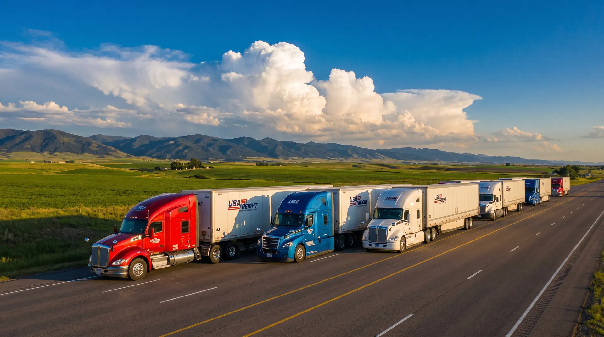 Fleet of American semi trucks on interstate highway through countryside