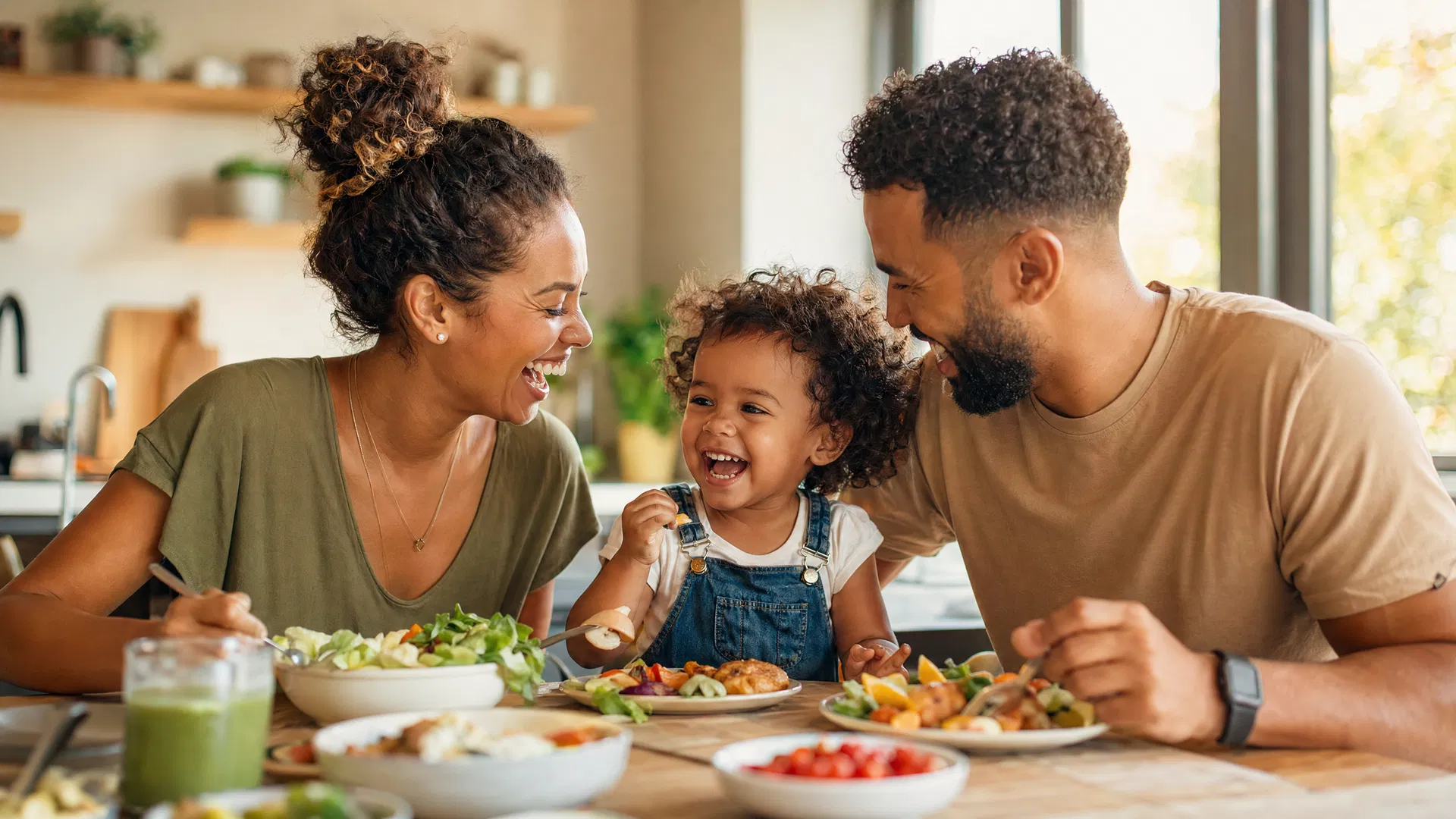 Happy family eating together