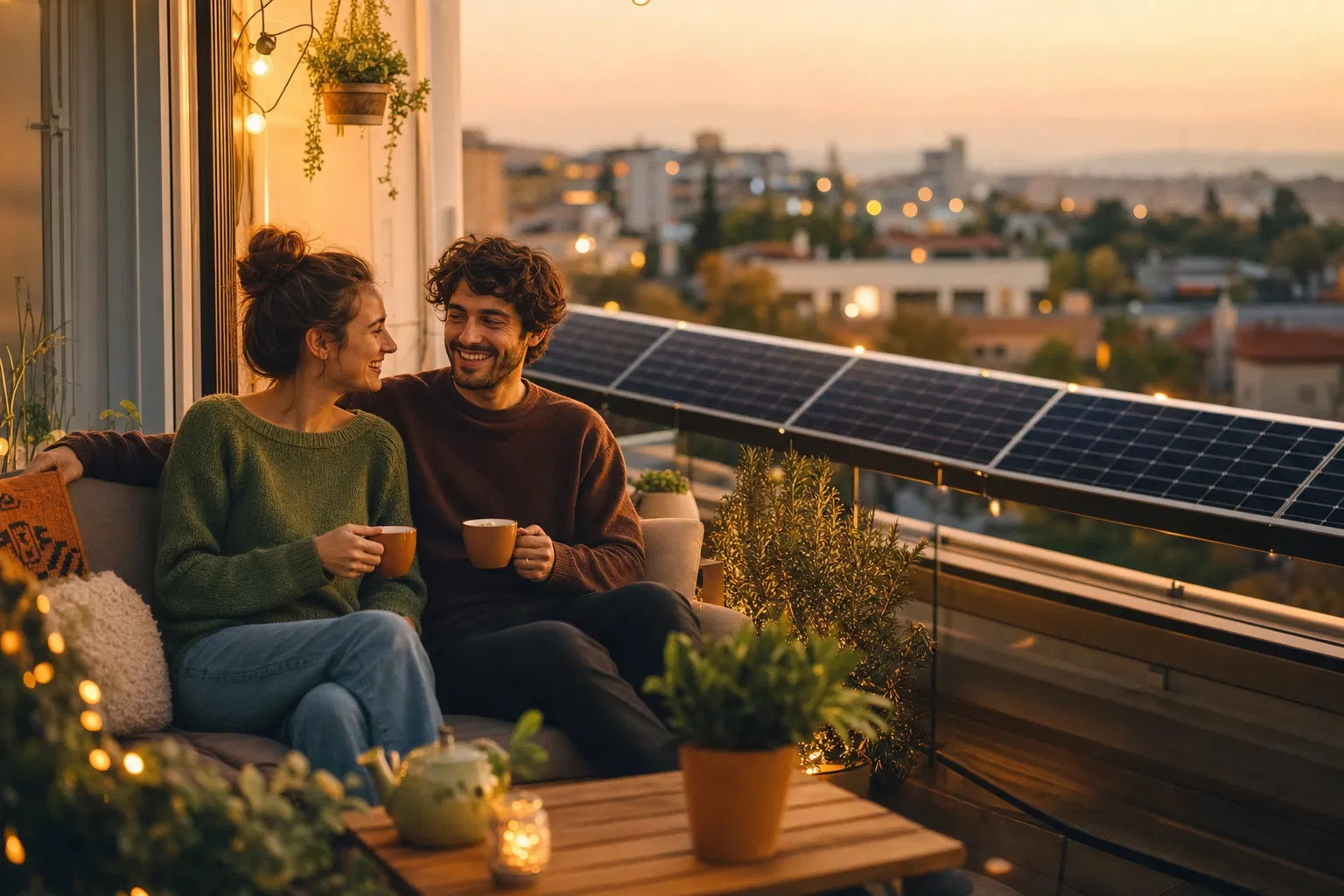 Paar genießt den Abend auf dem Balkon