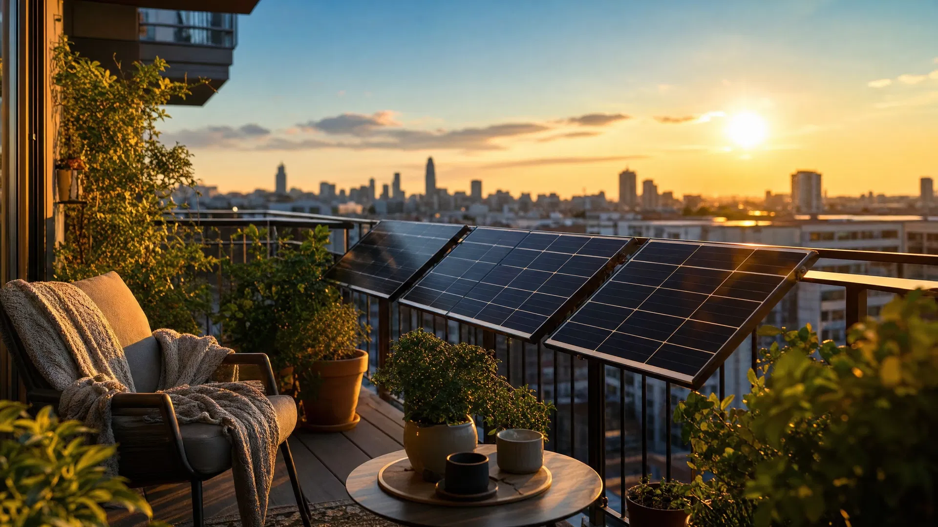 Balkon mit Solarpanels im Abendlicht