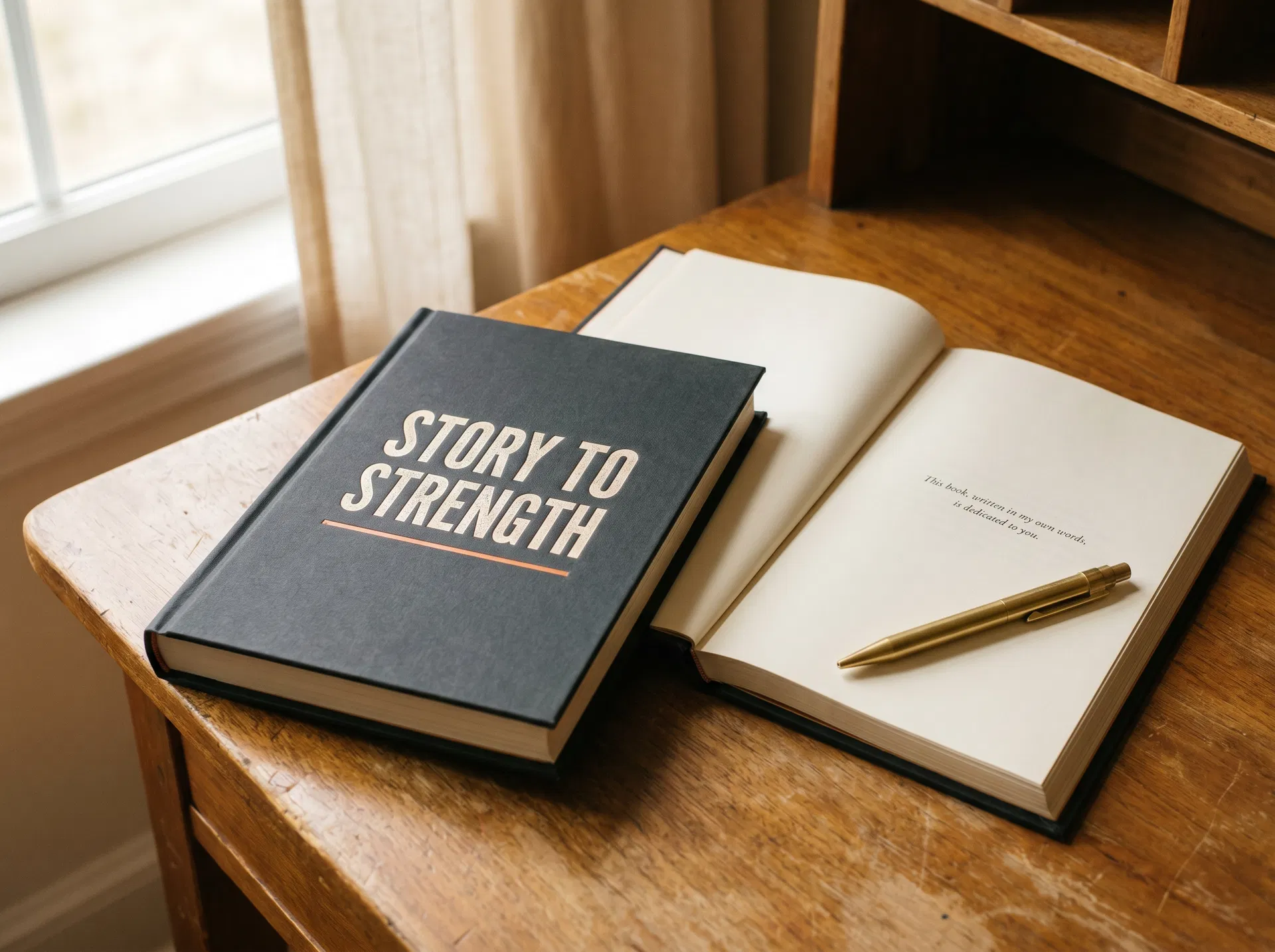 Story to Strength hardcover book with an open dedication page